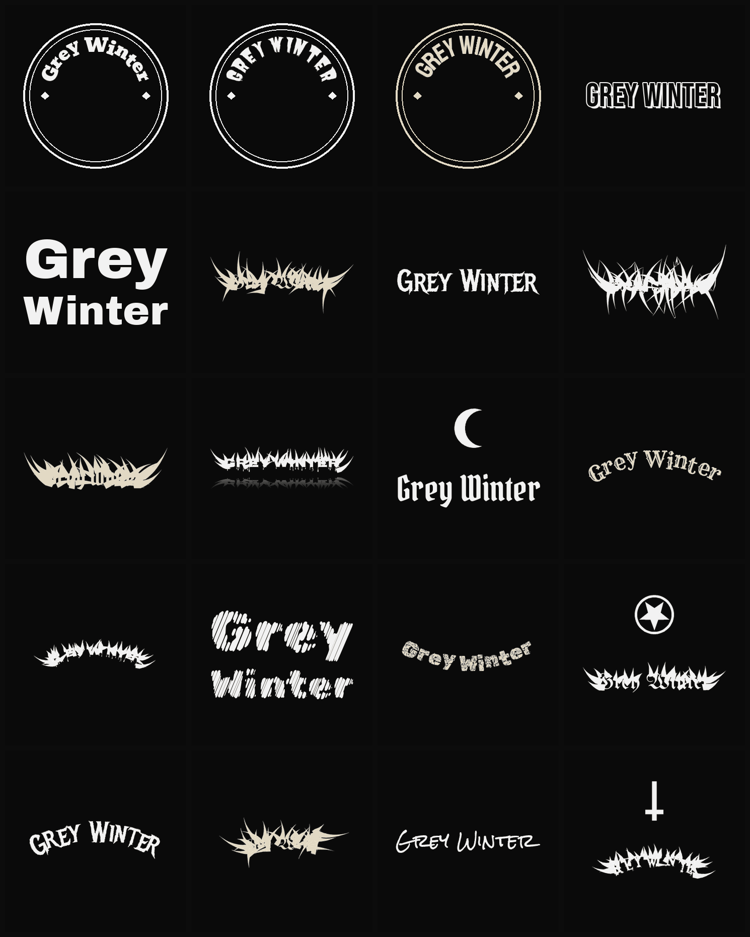 Twenty Grey Winter band logo ideas — different faces, treatments and spike settings
