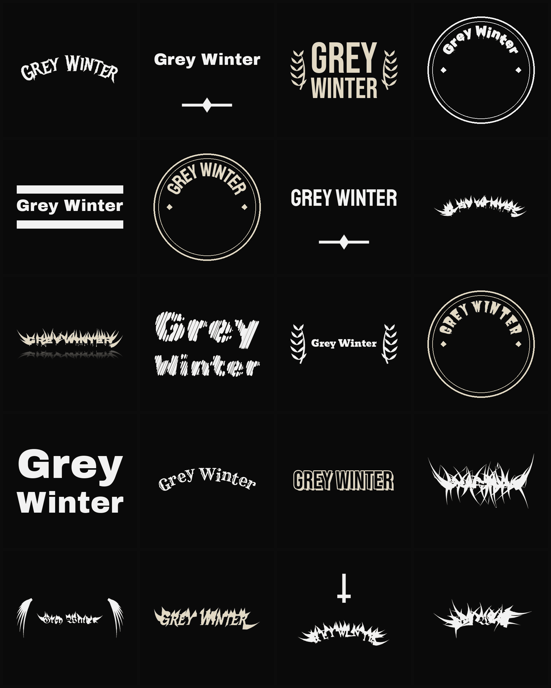 Twenty Grey Winter band logo ideas — different faces, treatments and spike settings