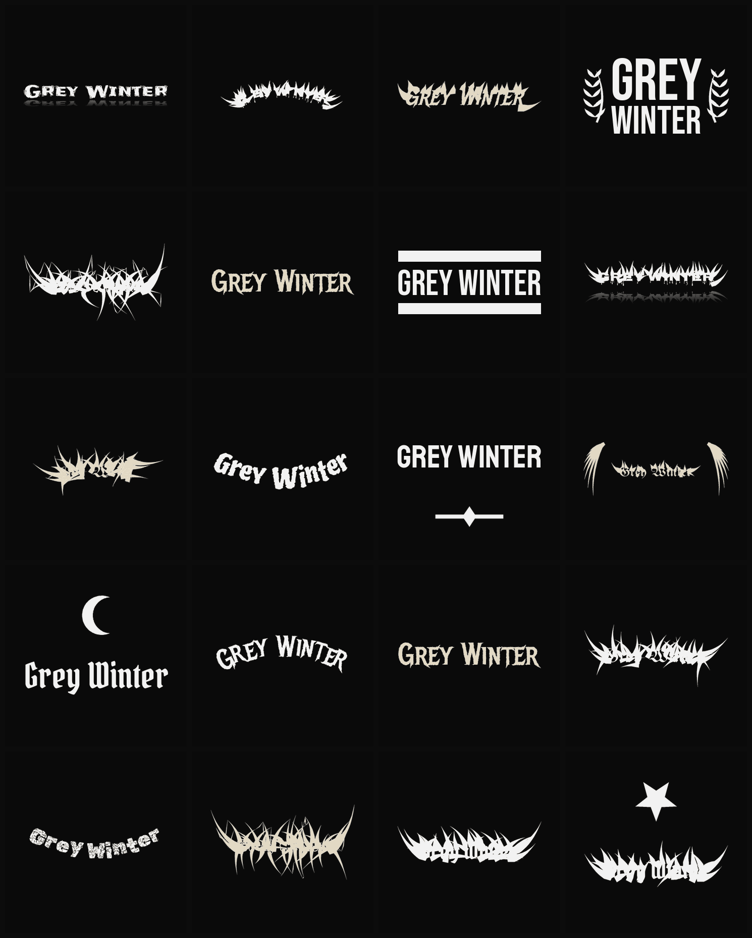 Twenty Grey Winter band logo ideas — different faces, treatments and spike settings