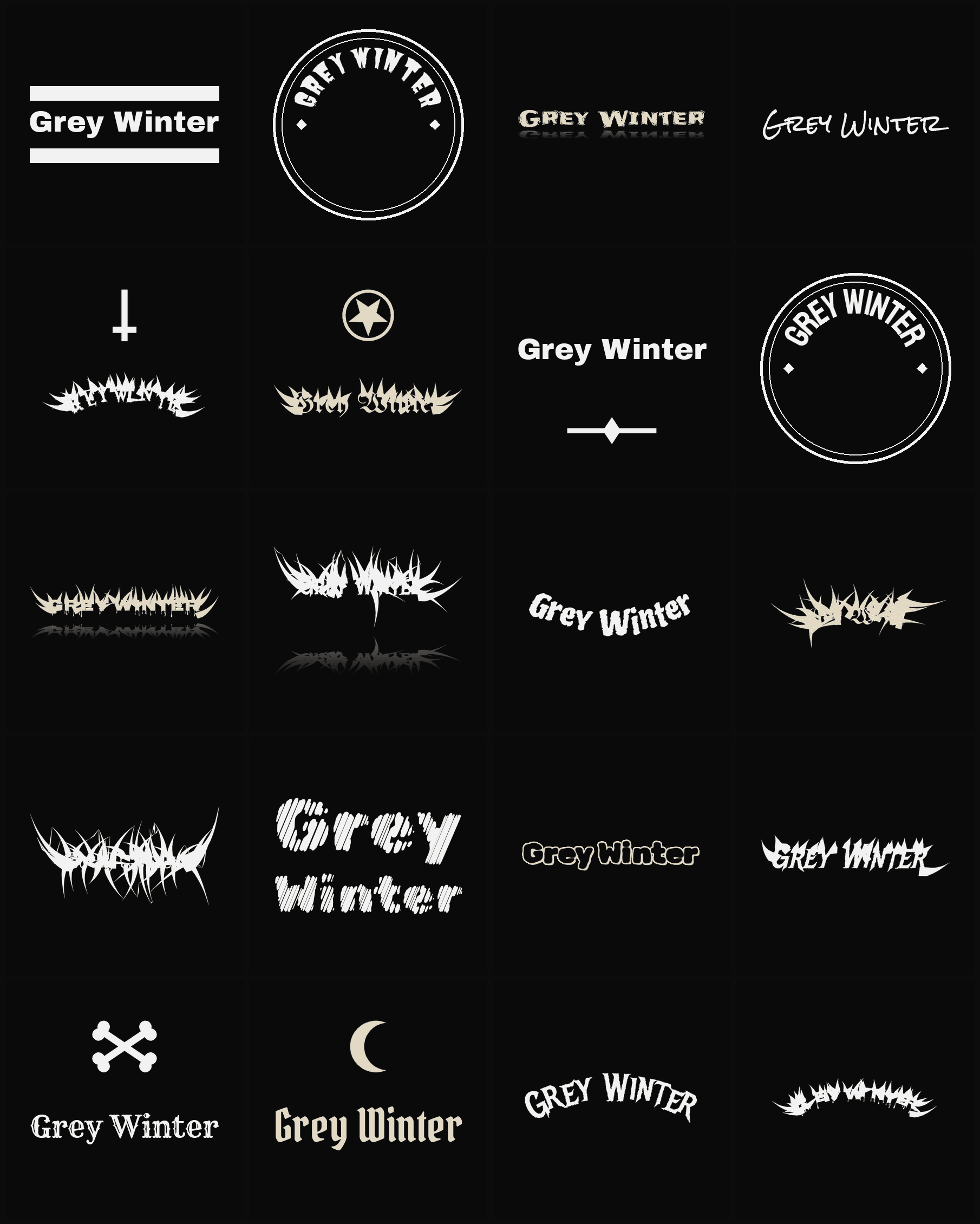 Twenty Grey Winter band logo ideas — different faces, treatments and spike settings
