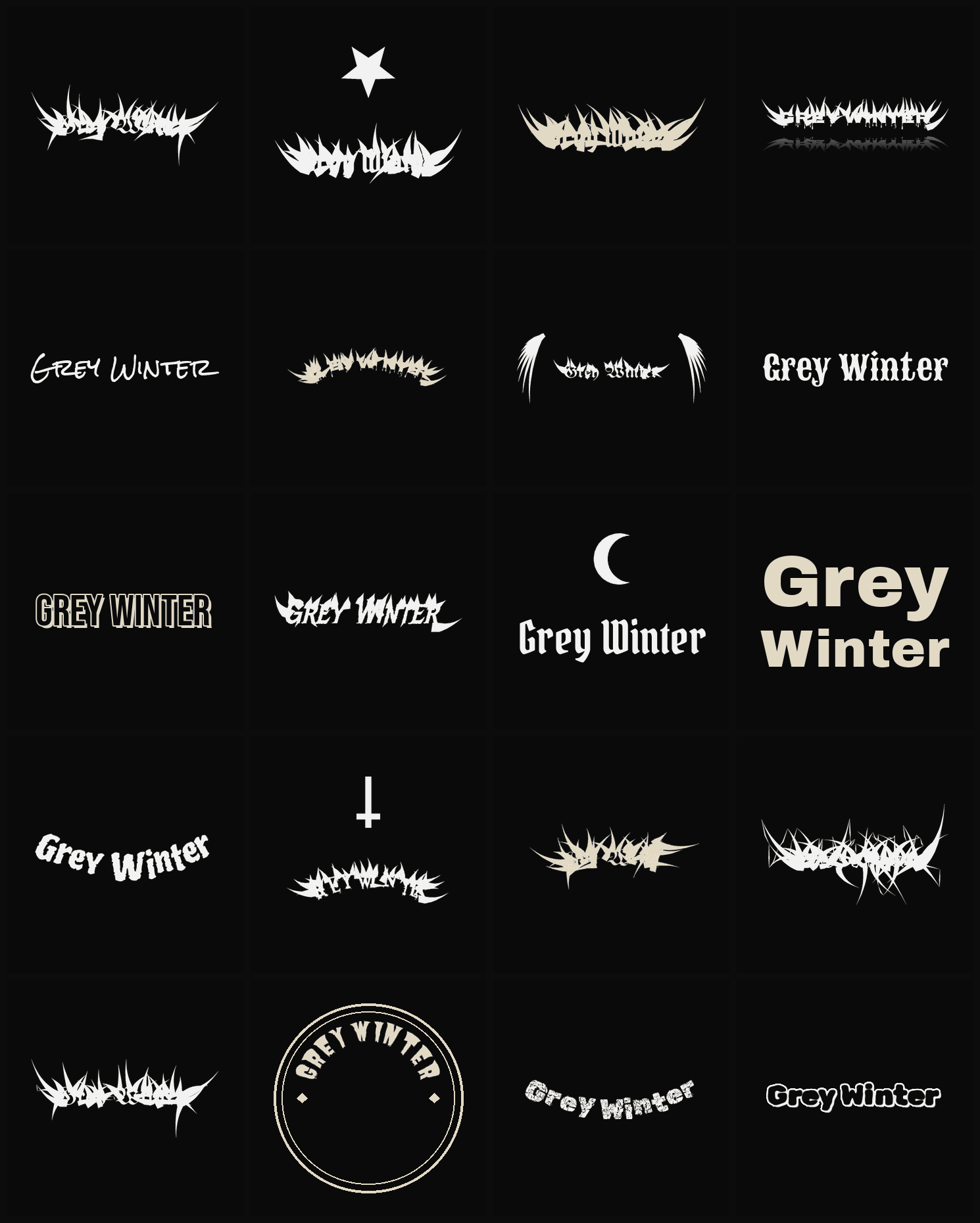 Twenty Grey Winter band logo ideas — different faces, treatments and spike settings