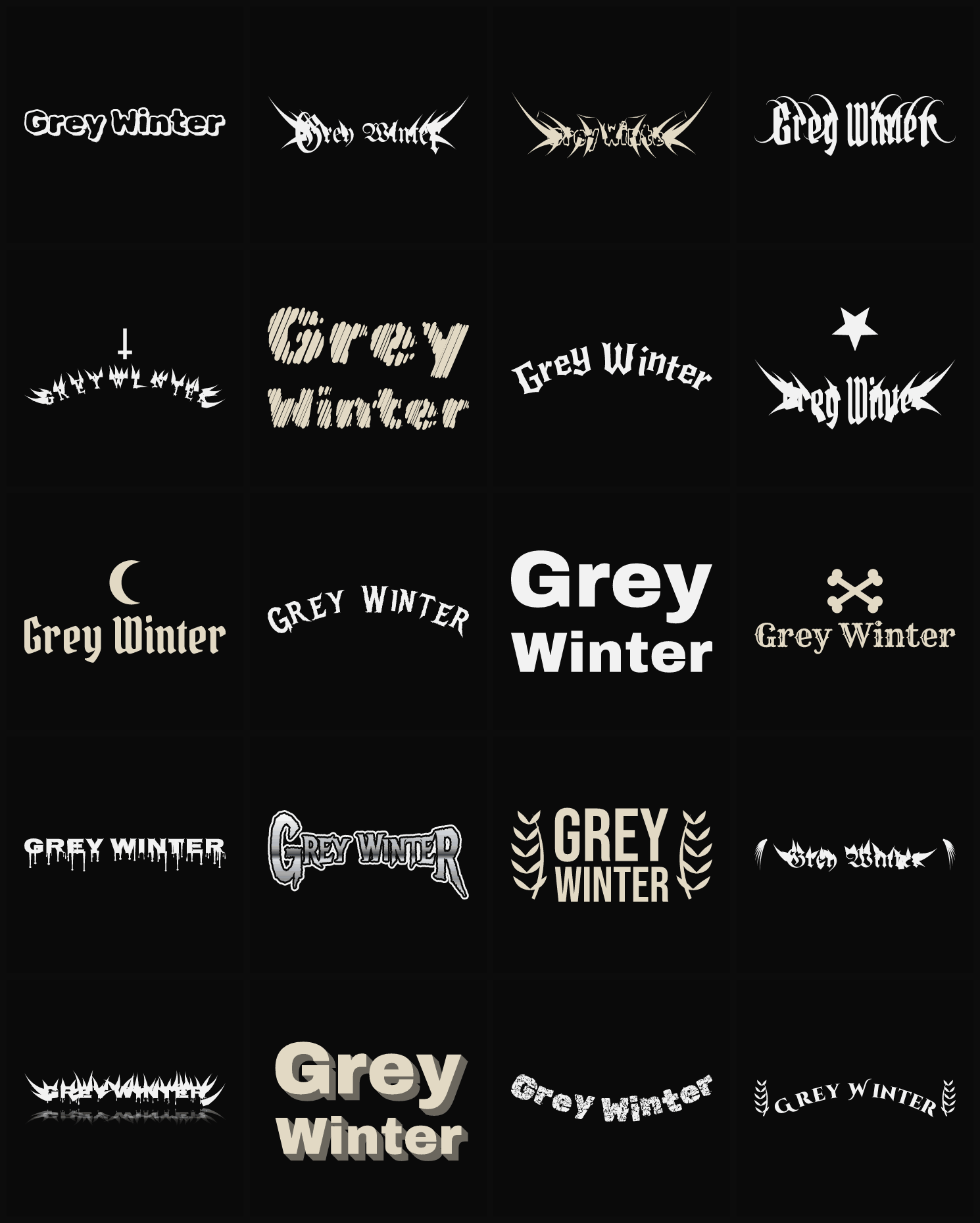 Twenty Grey Winter band logo ideas — different faces, treatments and spike settings