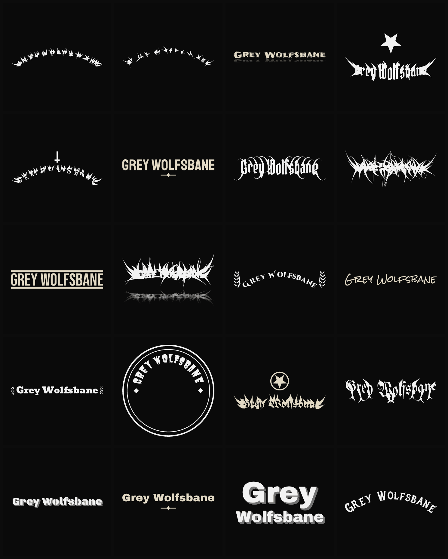 Twenty Grey Wolfsbane band logo ideas — different faces, treatments and spike settings
