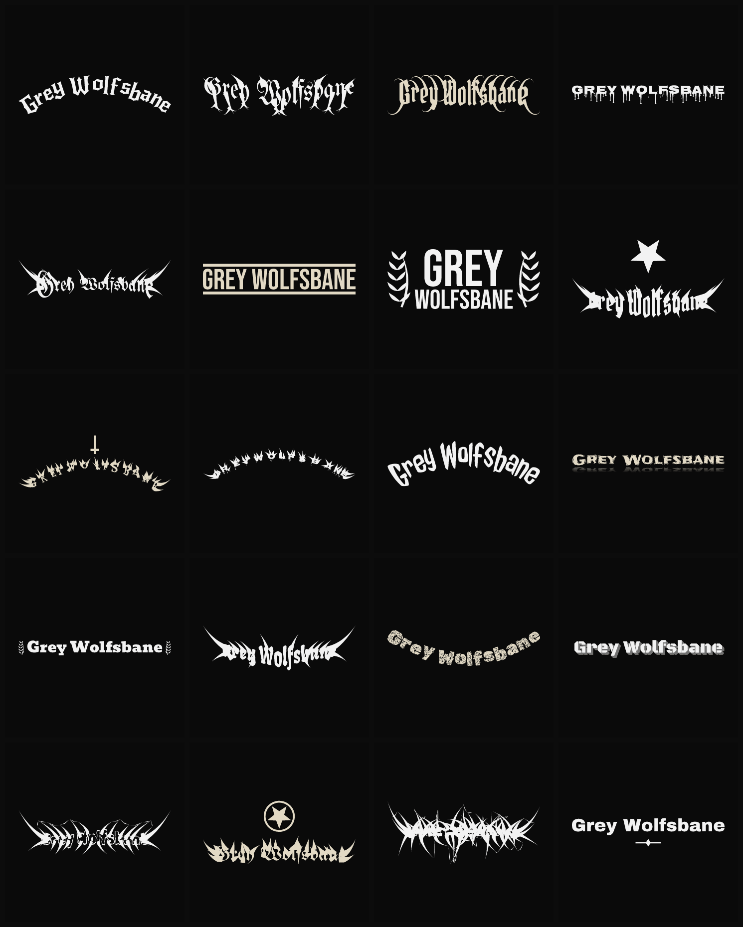 Twenty Grey Wolfsbane band logo ideas — different faces, treatments and spike settings