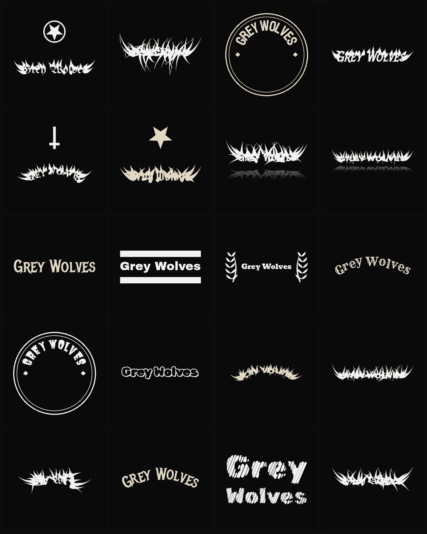 Twenty Grey Wolves band logo ideas — different faces, treatments and spike settings