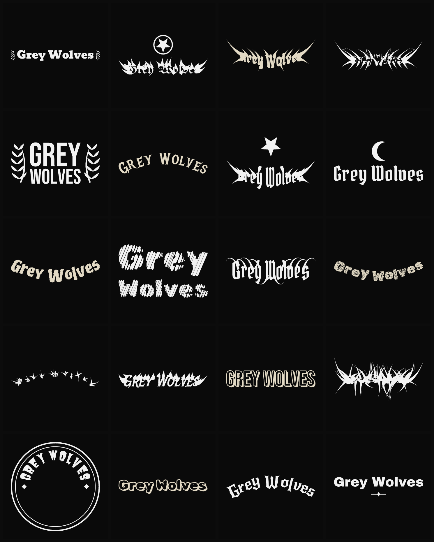 Twenty Grey Wolves band logo ideas — different faces, treatments and spike settings