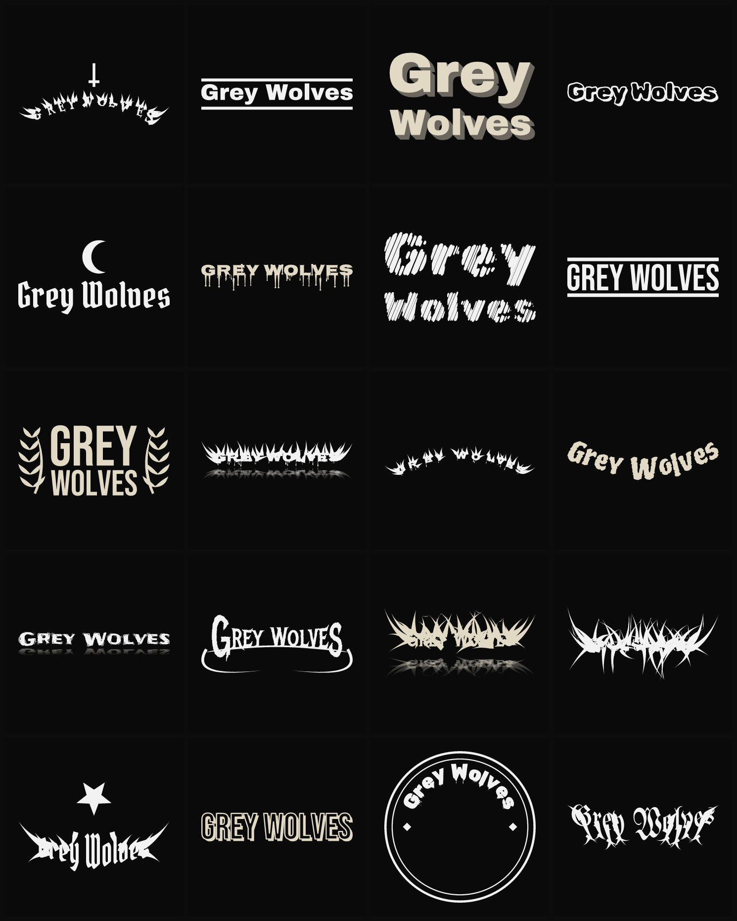Twenty Grey Wolves band logo ideas — different faces, treatments and spike settings