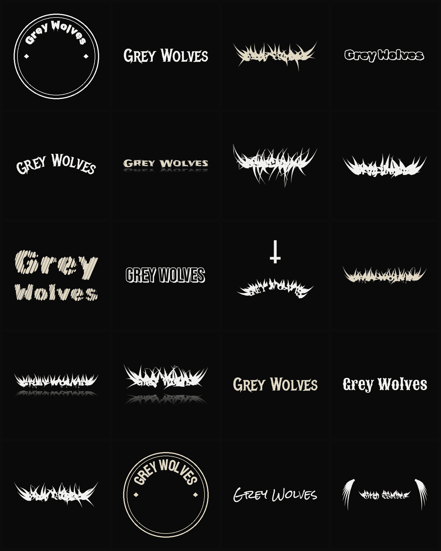 Twenty Grey Wolves band logo ideas — different faces, treatments and spike settings