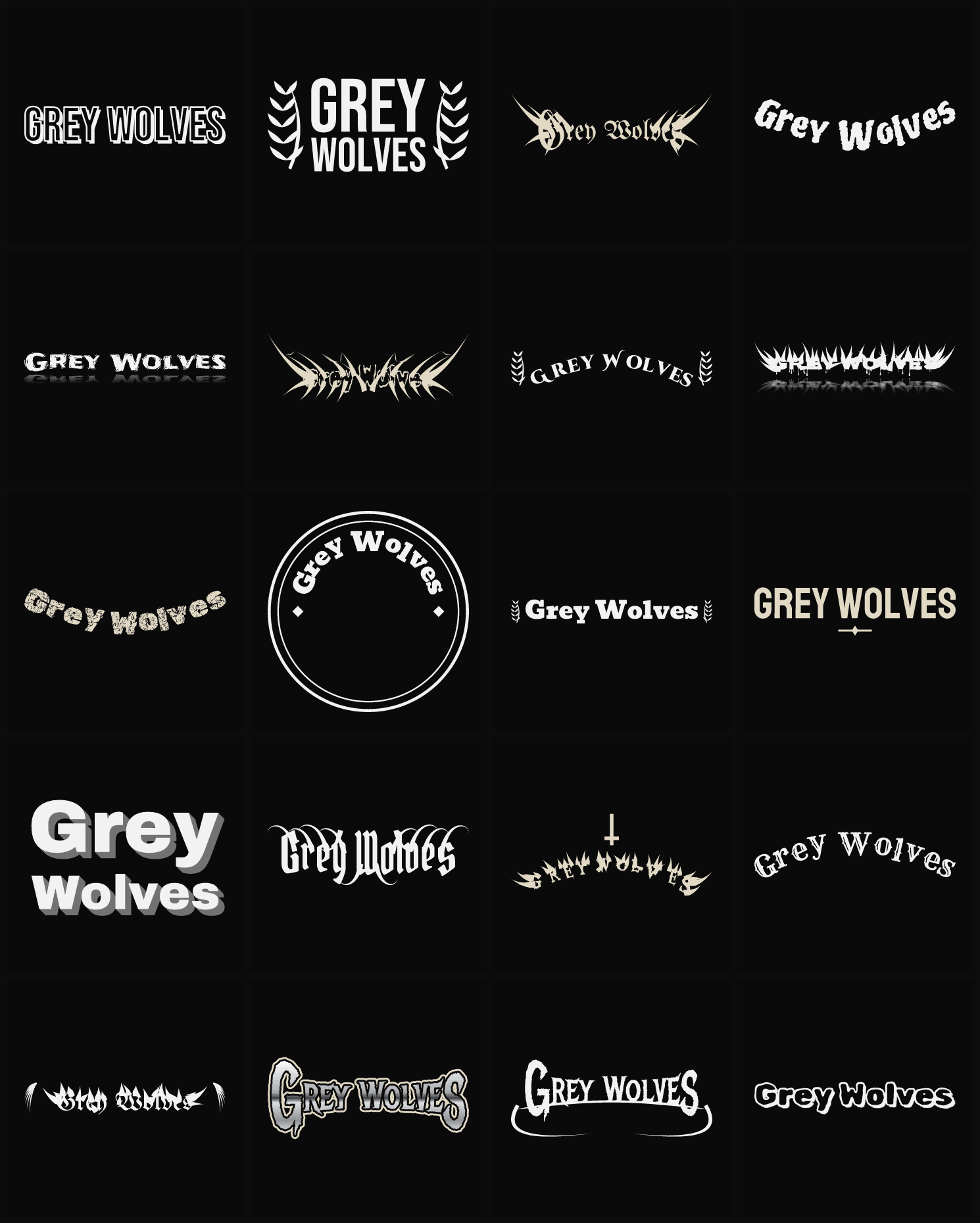 Twenty Grey Wolves band logo ideas — different faces, treatments and spike settings
