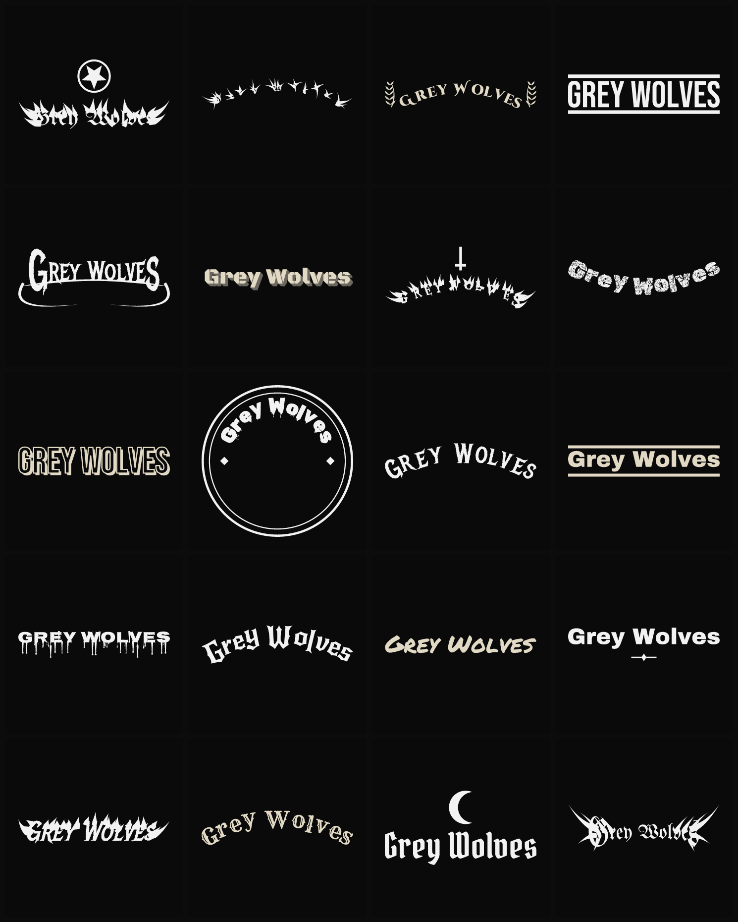 Twenty Grey Wolves band logo ideas — different faces, treatments and spike settings