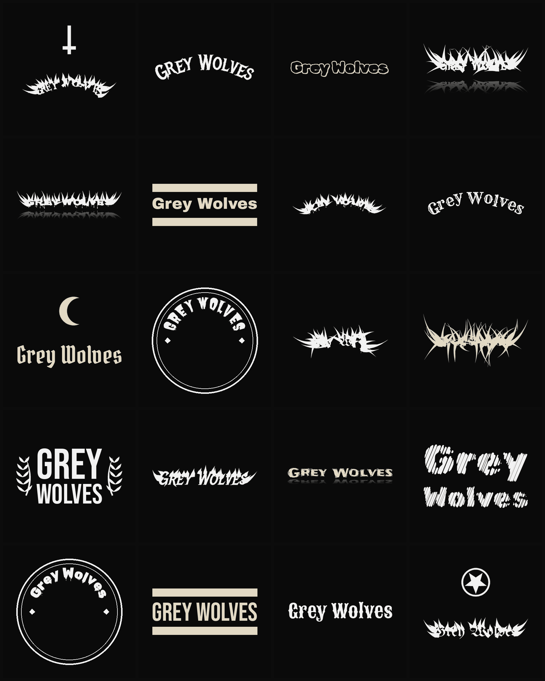 Twenty Grey Wolves band logo ideas — different faces, treatments and spike settings