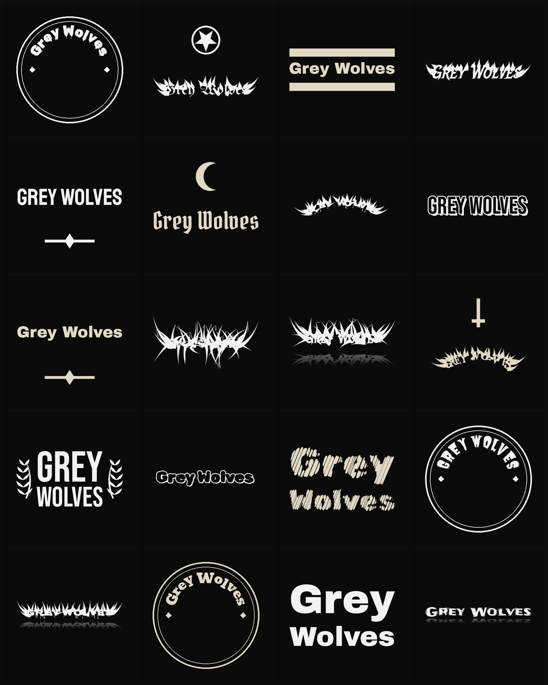 Twenty Grey Wolves band logo ideas — different faces, treatments and spike settings