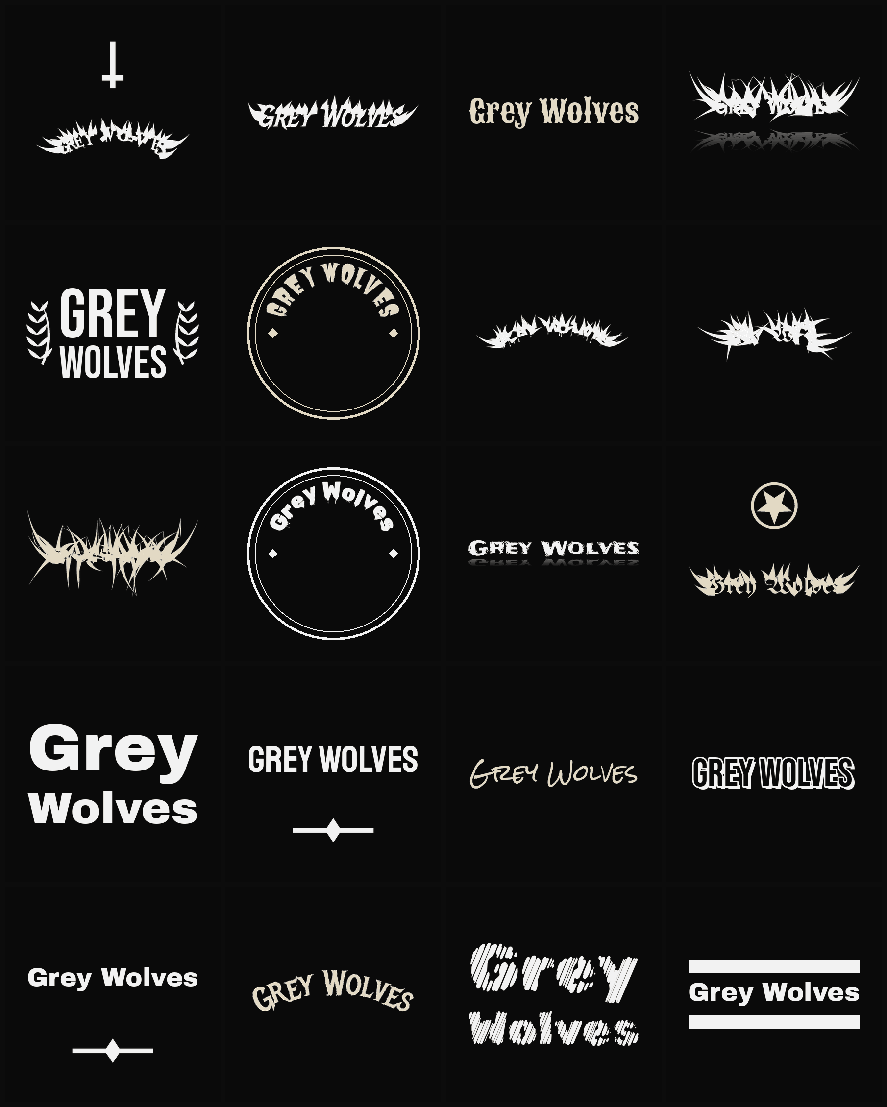 Twenty Grey Wolves band logo ideas — different faces, treatments and spike settings