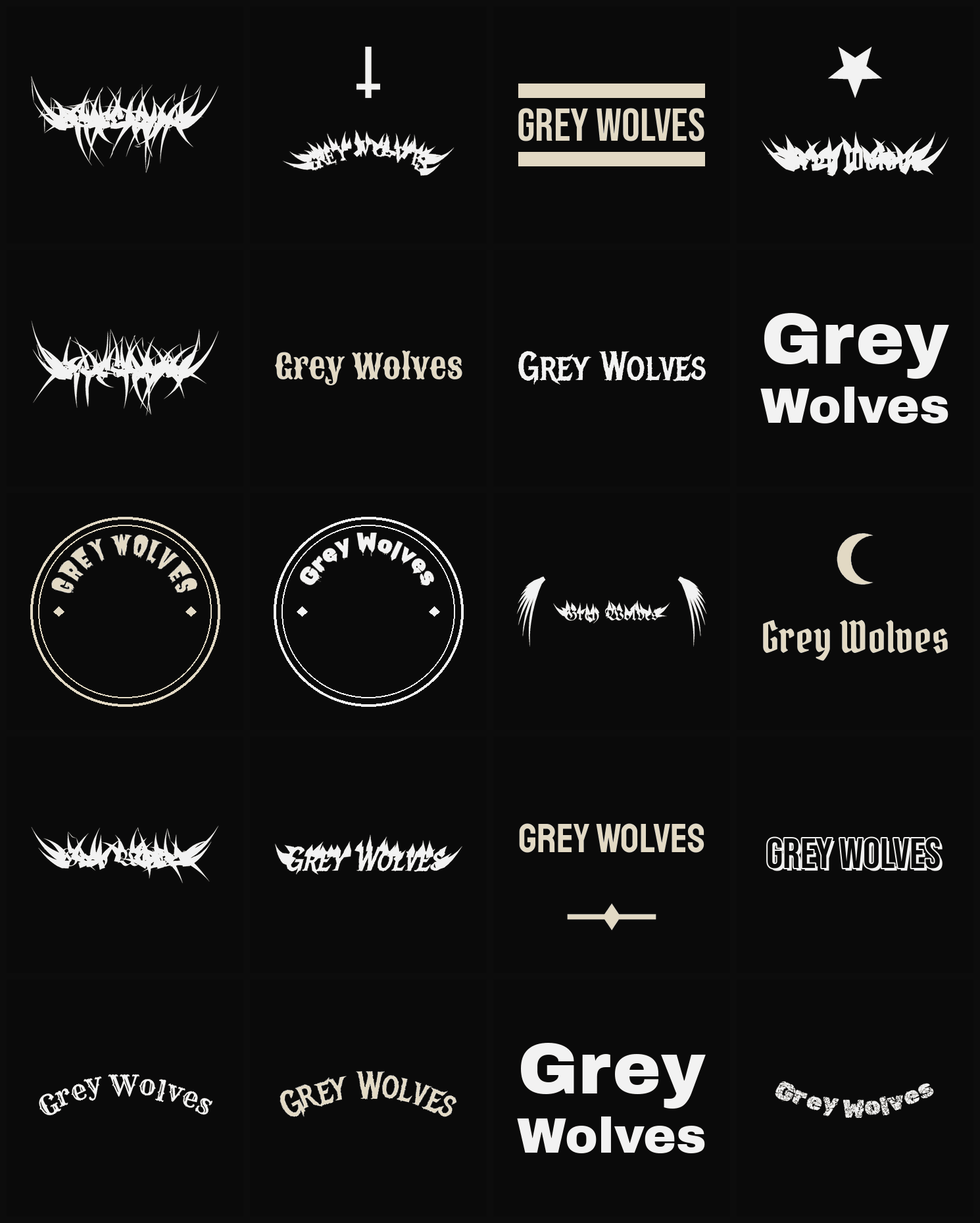 Twenty Grey Wolves band logo ideas — different faces, treatments and spike settings