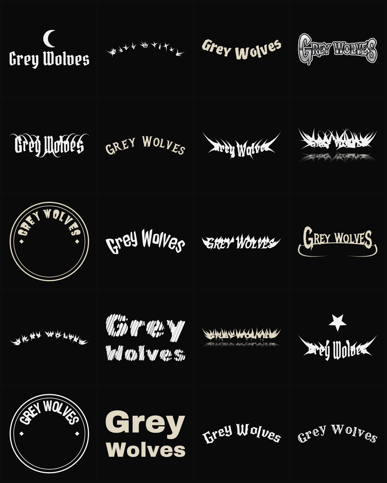 Twenty Grey Wolves band logo ideas — different faces, treatments and spike settings