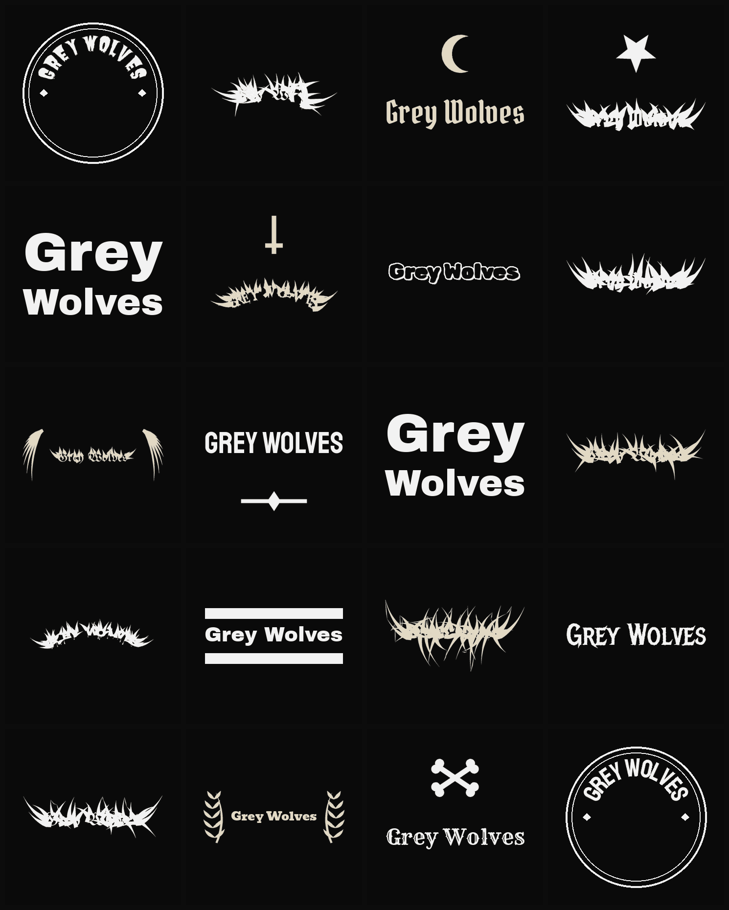 Twenty Grey Wolves band logo ideas — different faces, treatments and spike settings