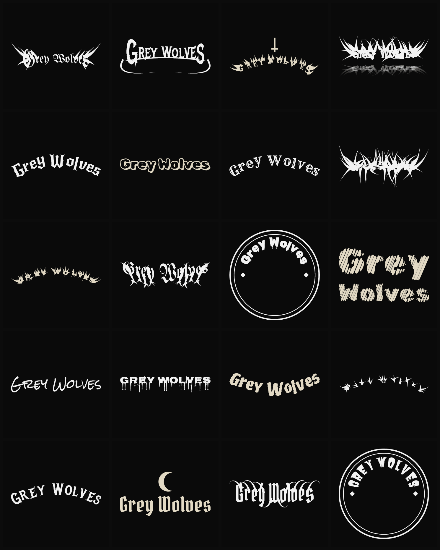 Twenty Grey Wolves band logo ideas — different faces, treatments and spike settings