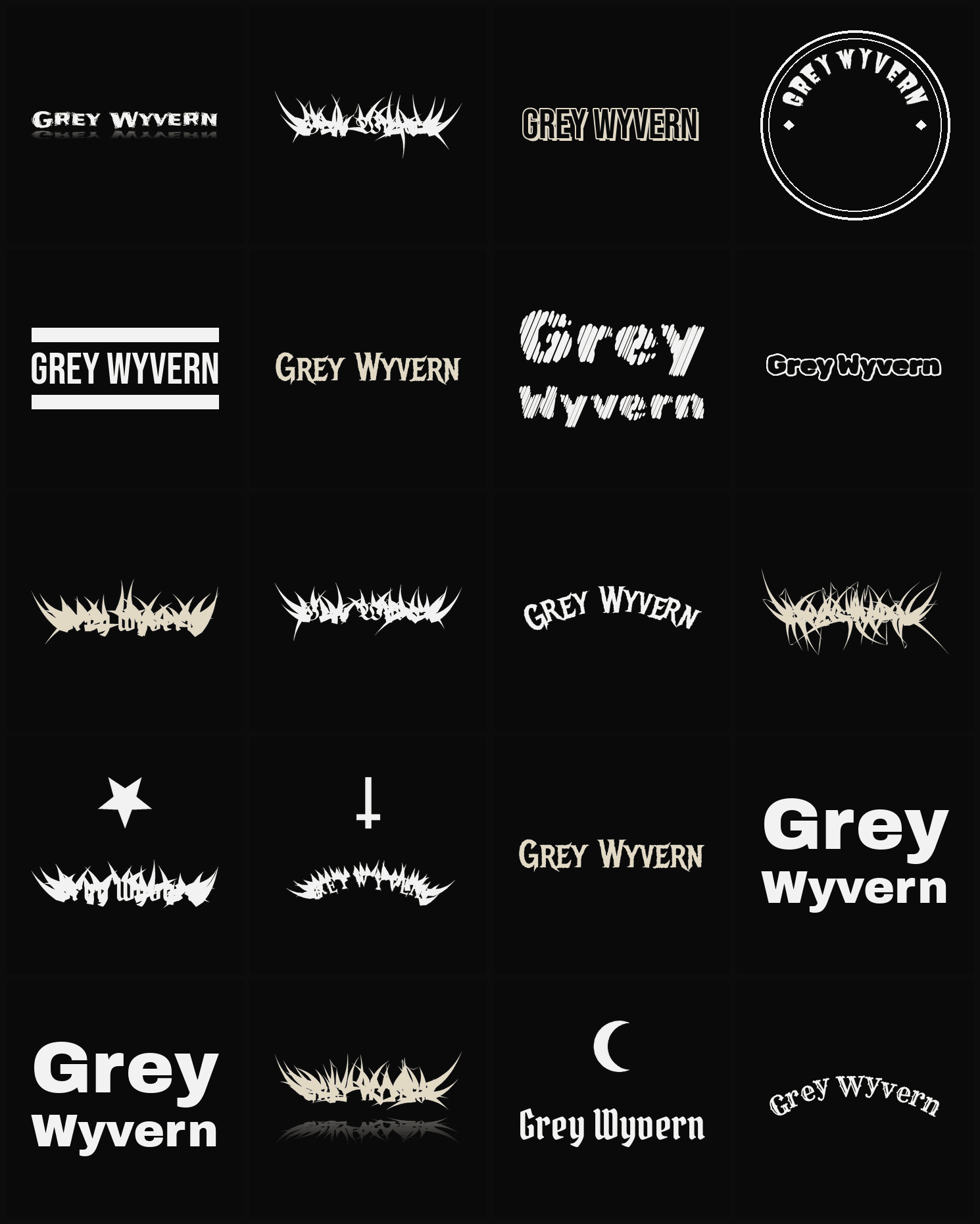 Twenty Grey Wyvern band logo ideas — different faces, treatments and spike settings