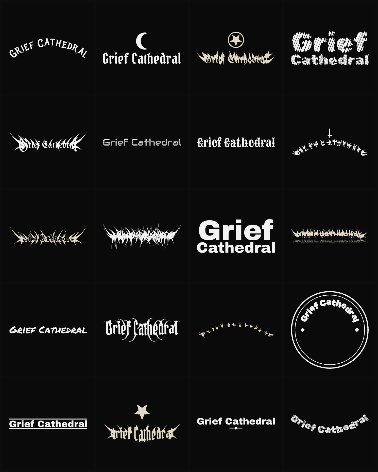 Twenty Grief Cathedral band logo ideas — different faces, treatments and spike settings