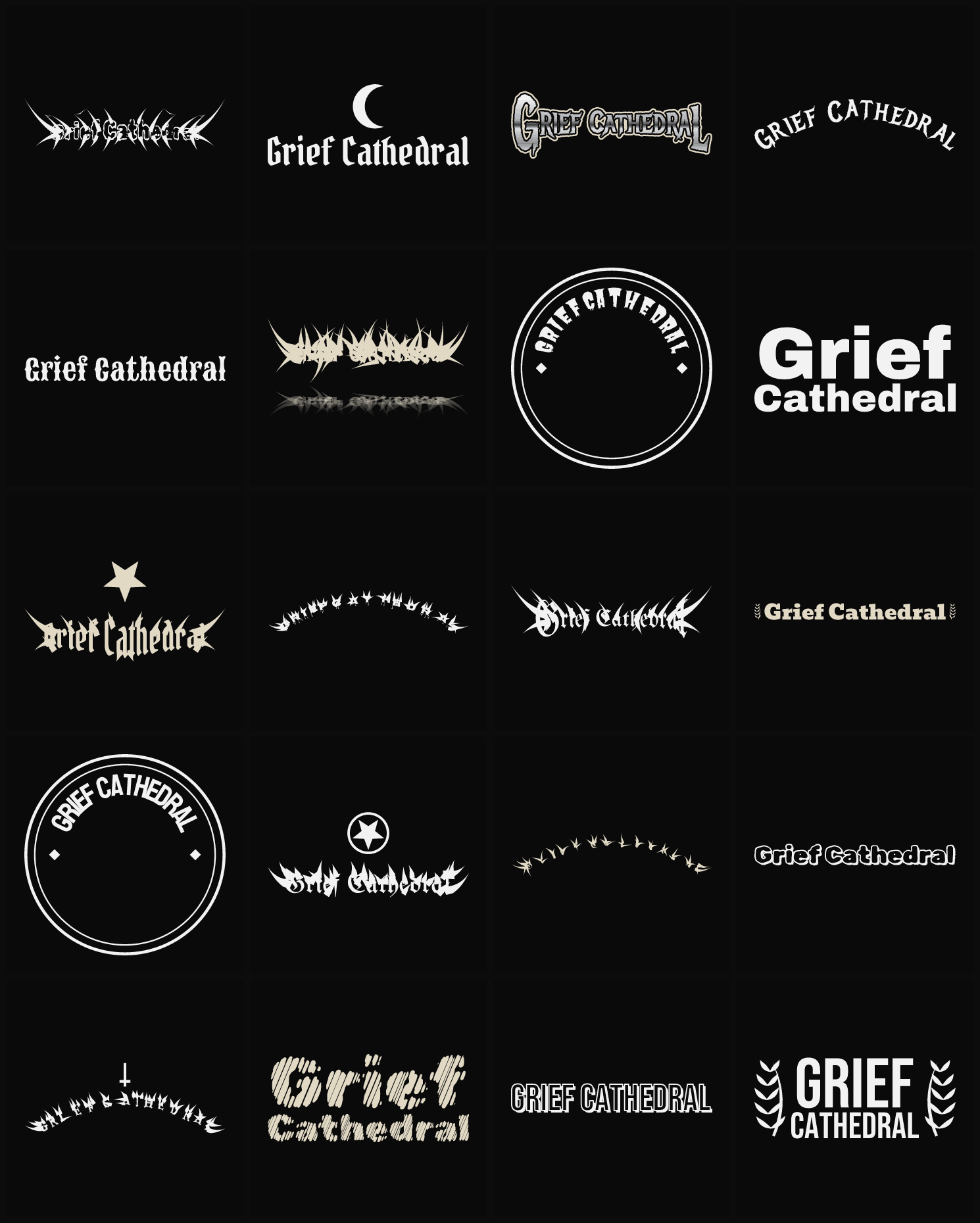 Twenty Grief Cathedral band logo ideas — different faces, treatments and spike settings