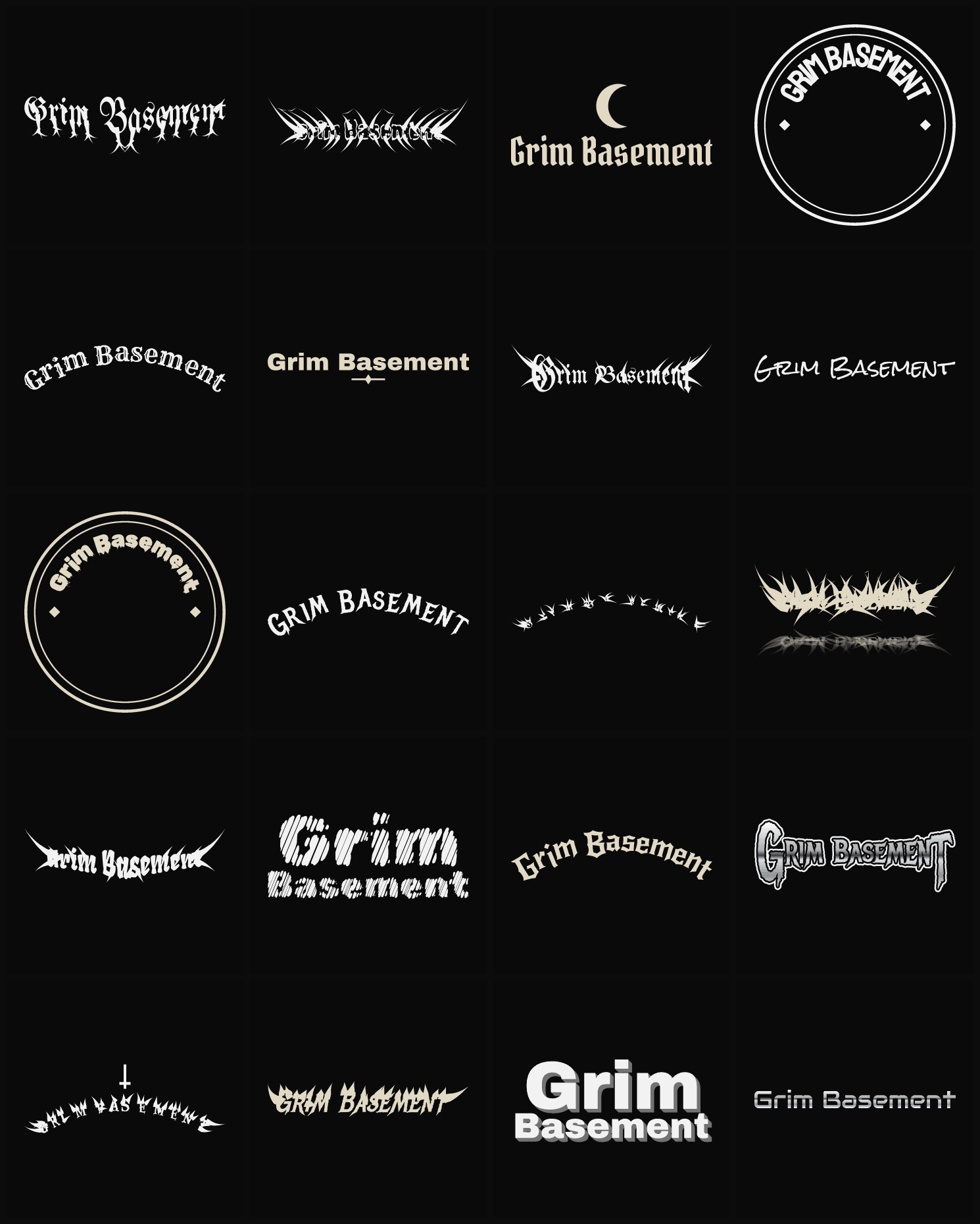 Twenty Grim Basement band logo ideas — different faces, treatments and spike settings