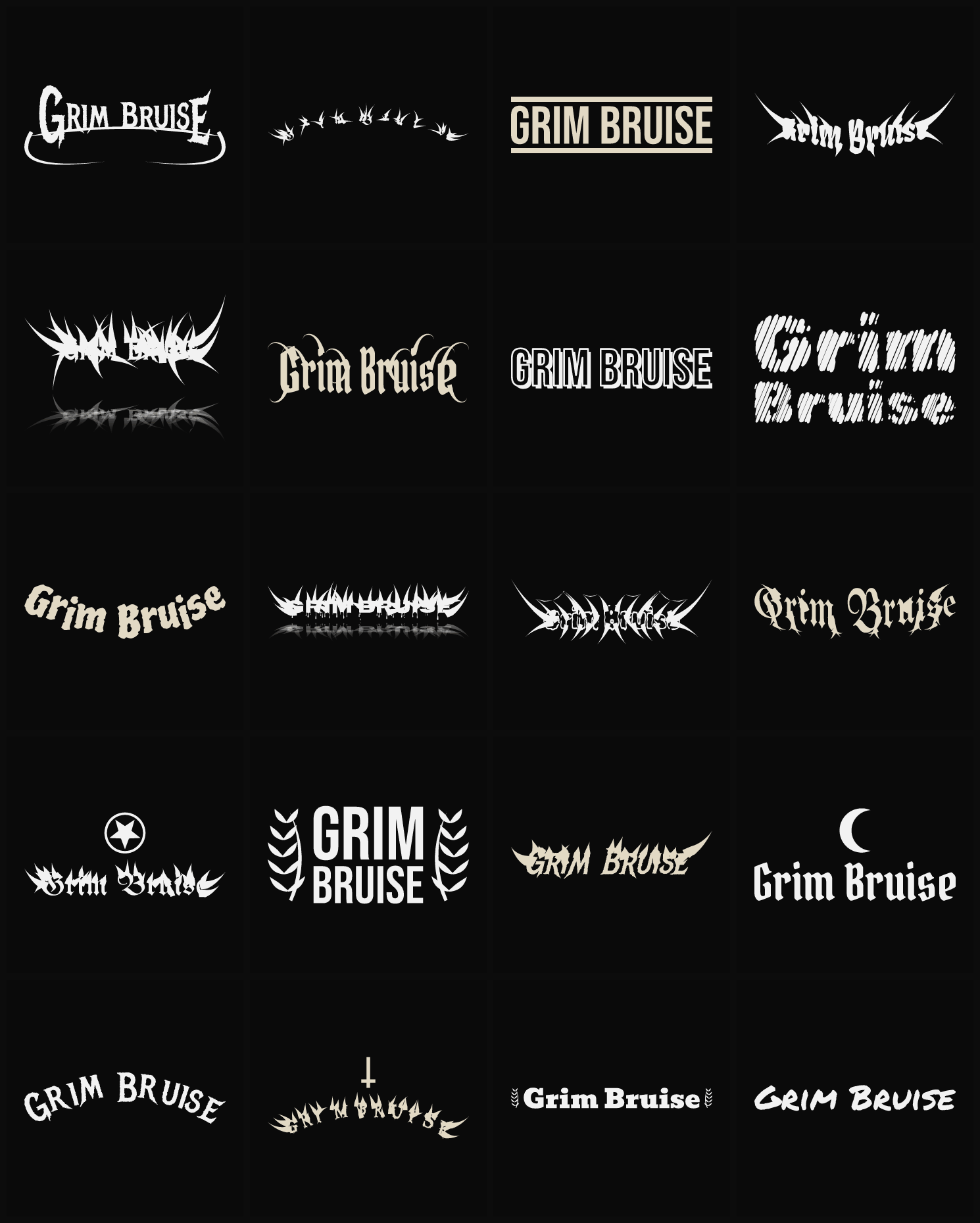 Twenty Grim Bruise band logo ideas — different faces, treatments and spike settings