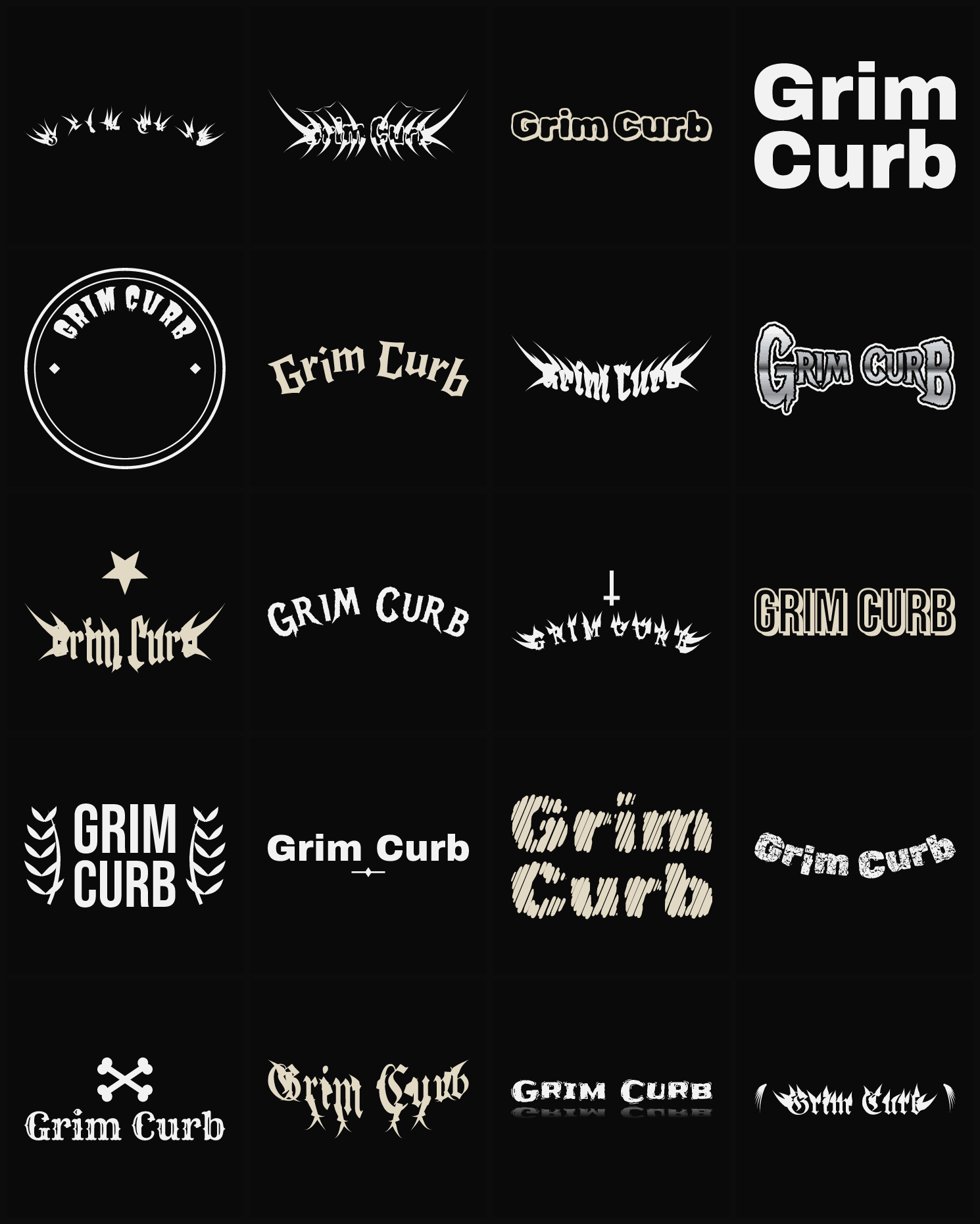Twenty Grim Curb band logo ideas — different faces, treatments and spike settings