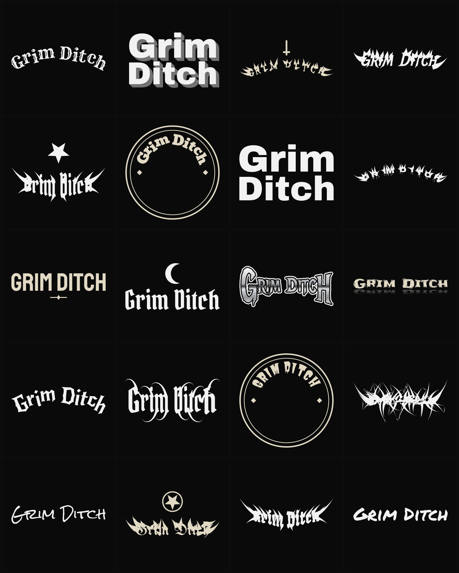 Twenty Grim Ditch band logo ideas — different faces, treatments and spike settings