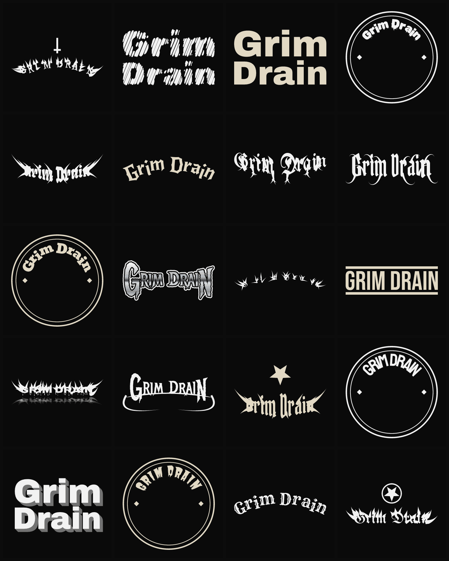 Twenty Grim Drain band logo ideas — different faces, treatments and spike settings