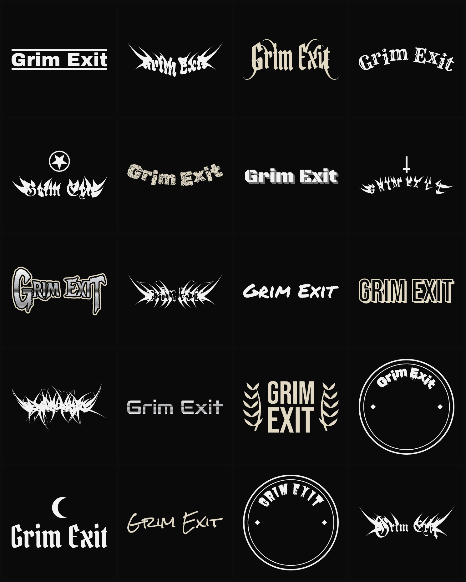 Twenty Grim Exit band logo ideas — different faces, treatments and spike settings