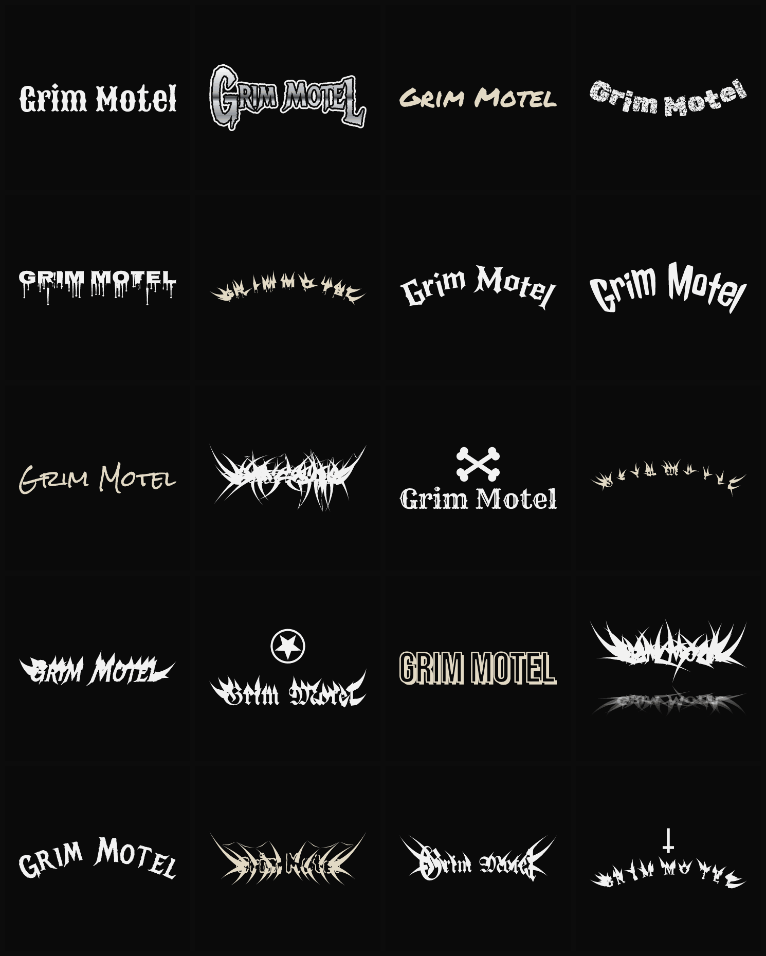 Twenty Grim Motel band logo ideas — different faces, treatments and spike settings
