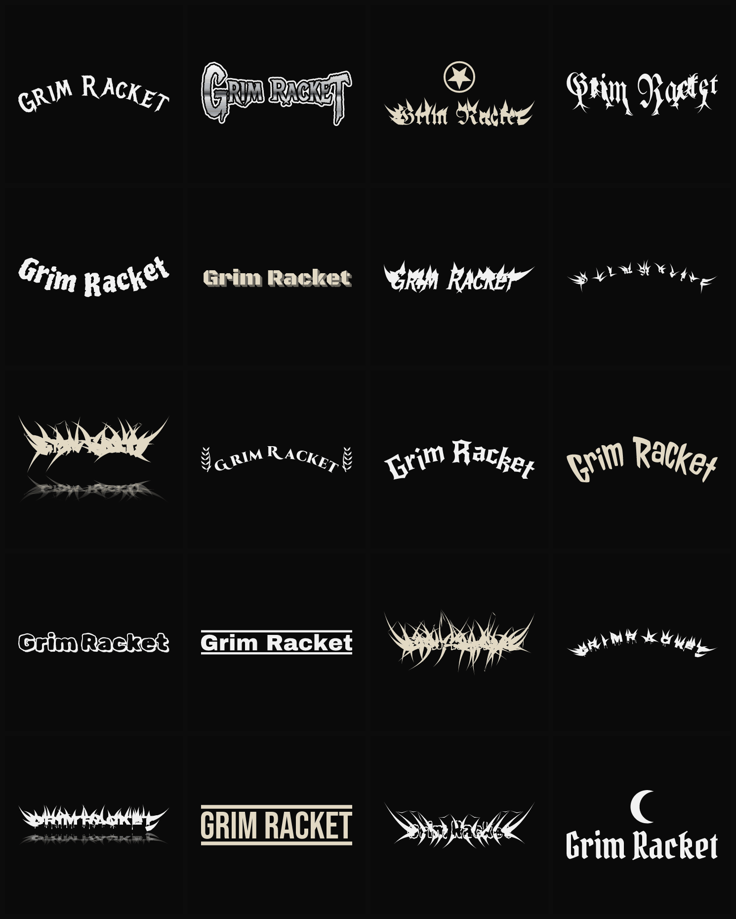 Twenty Grim Racket band logo ideas — different faces, treatments and spike settings