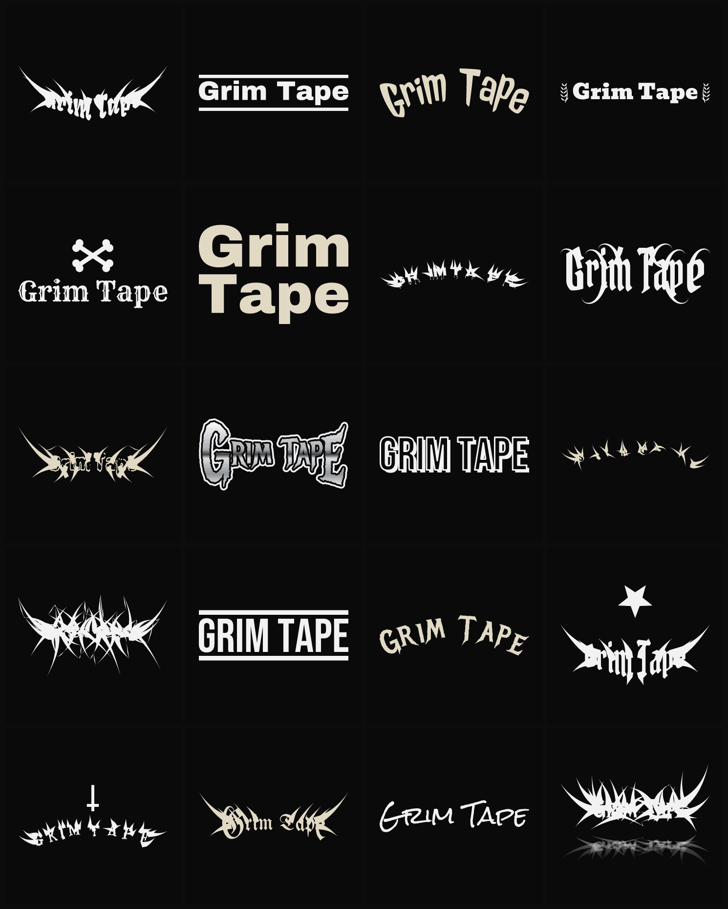 Twenty Grim Tape band logo ideas — different faces, treatments and spike settings