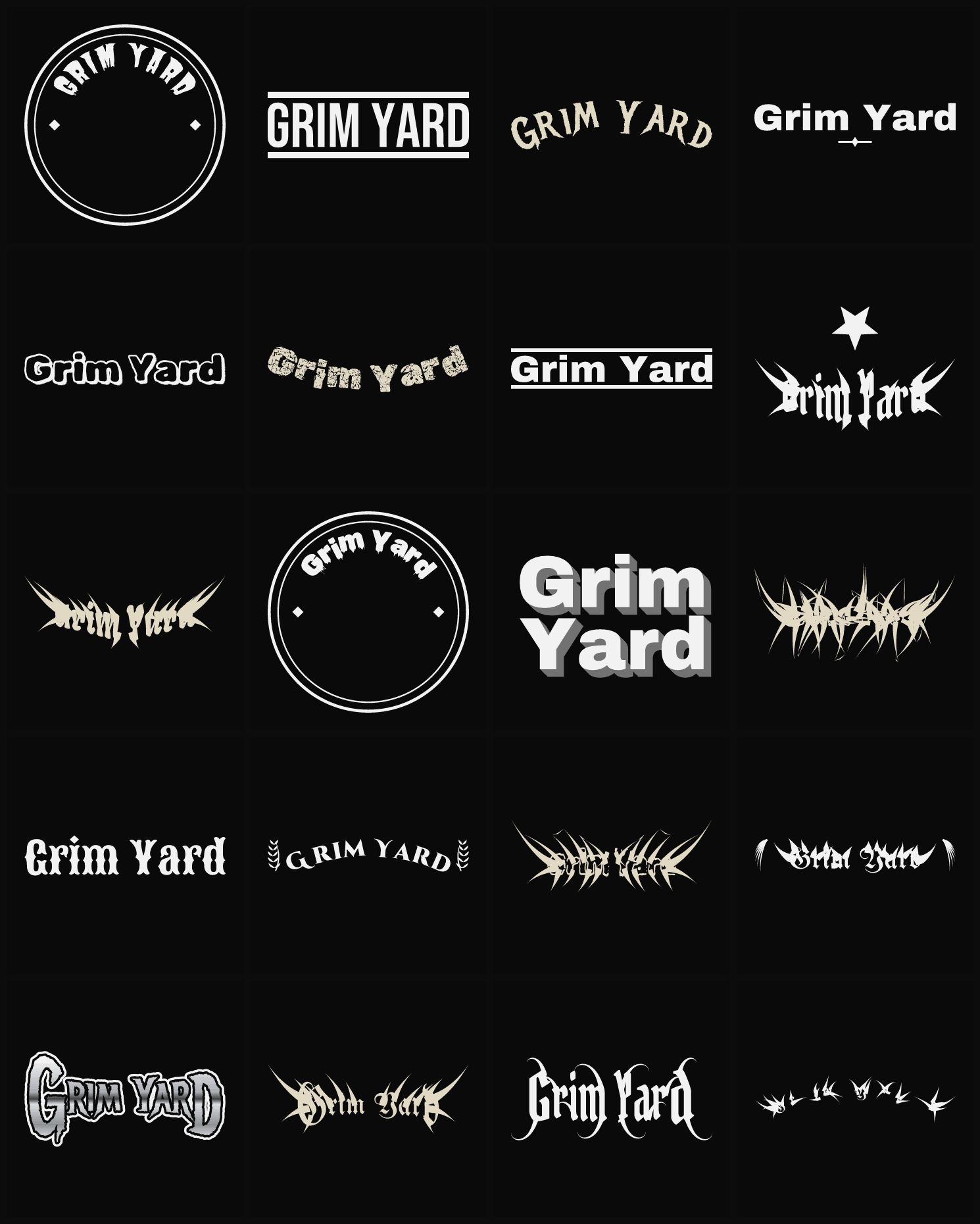 Twenty Grim Yard band logo ideas — different faces, treatments and spike settings