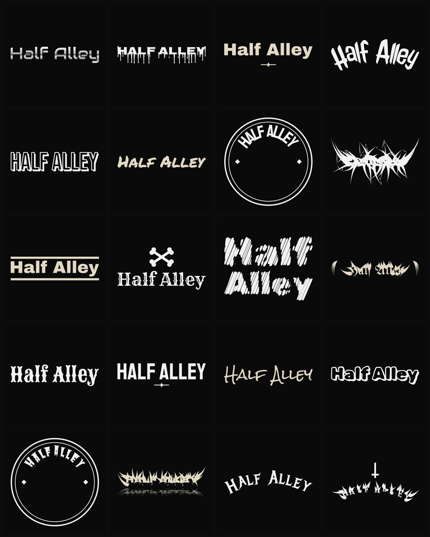 Twenty Half Alley band logo ideas — different faces, treatments and spike settings