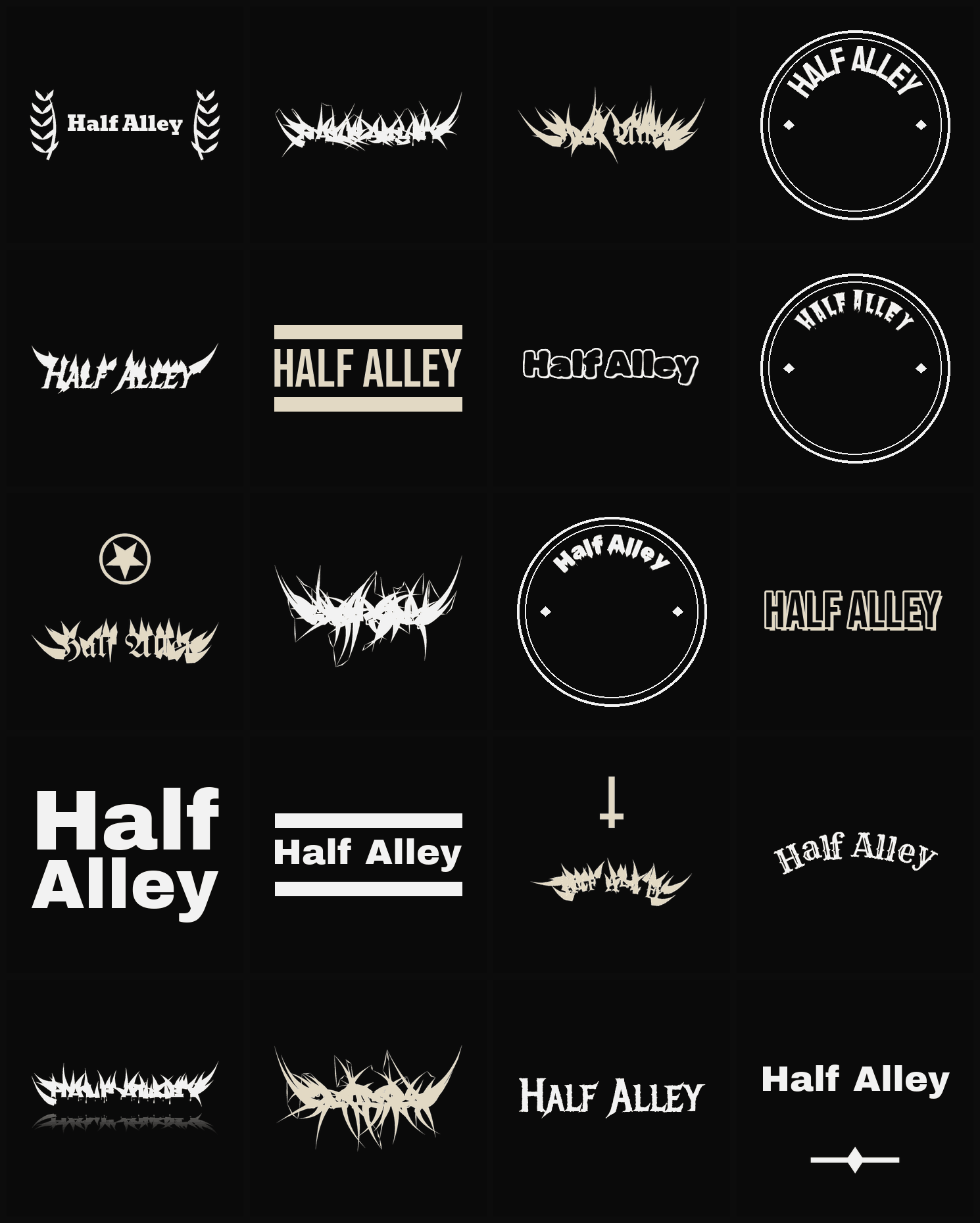 Twenty Half Alley band logo ideas — different faces, treatments and spike settings