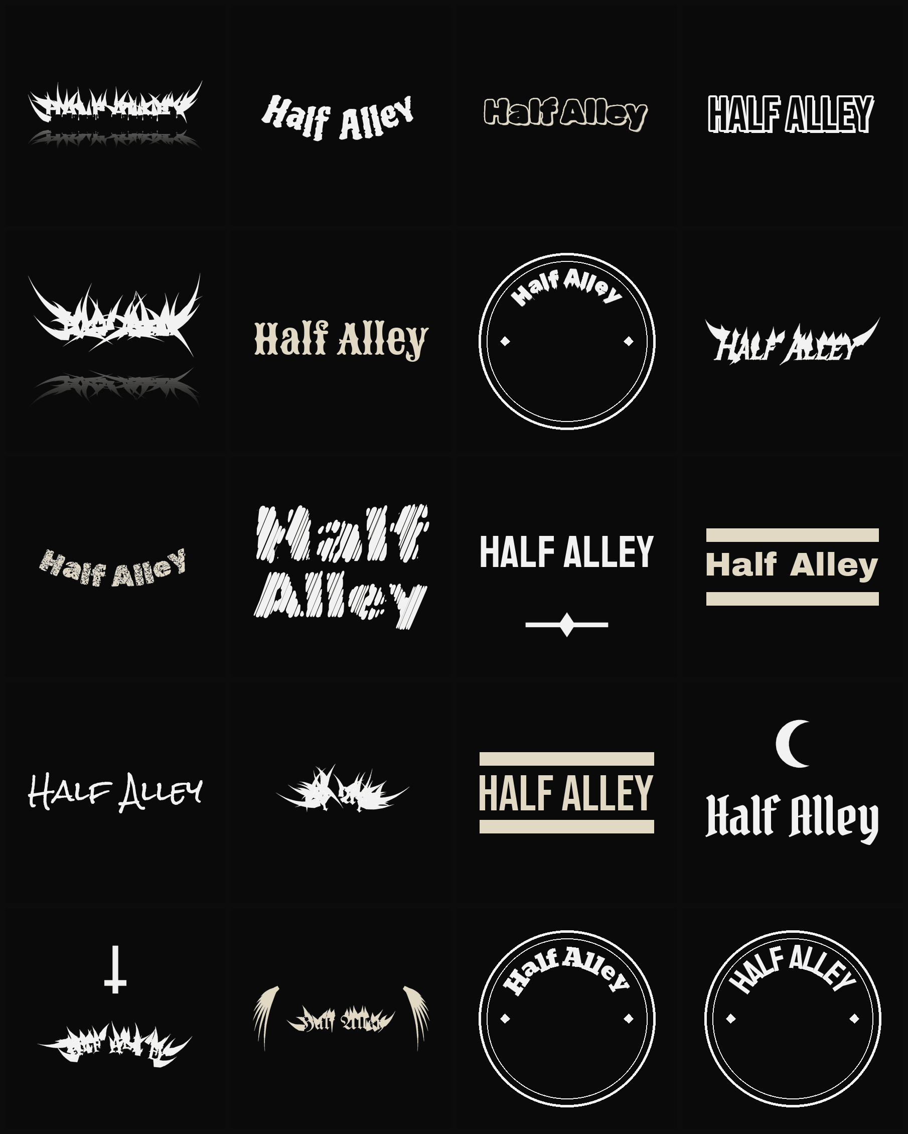 Twenty Half Alley band logo ideas — different faces, treatments and spike settings