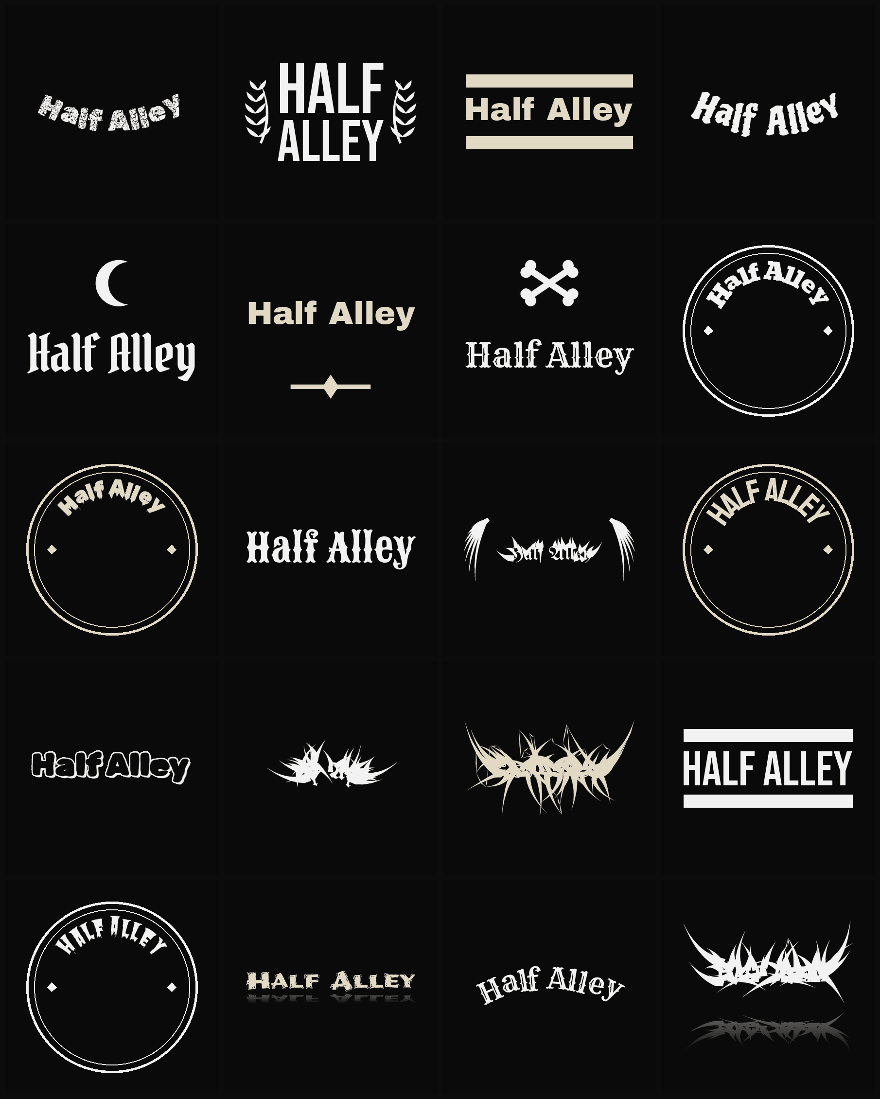 Twenty Half Alley band logo ideas — different faces, treatments and spike settings
