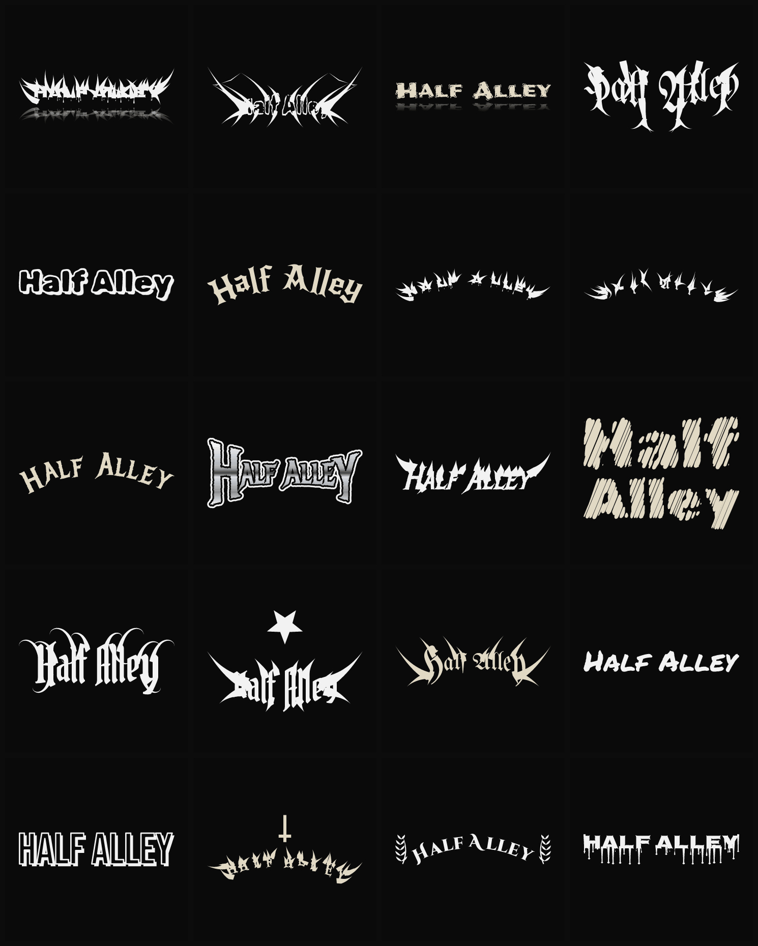 Twenty Half Alley band logo ideas — different faces, treatments and spike settings