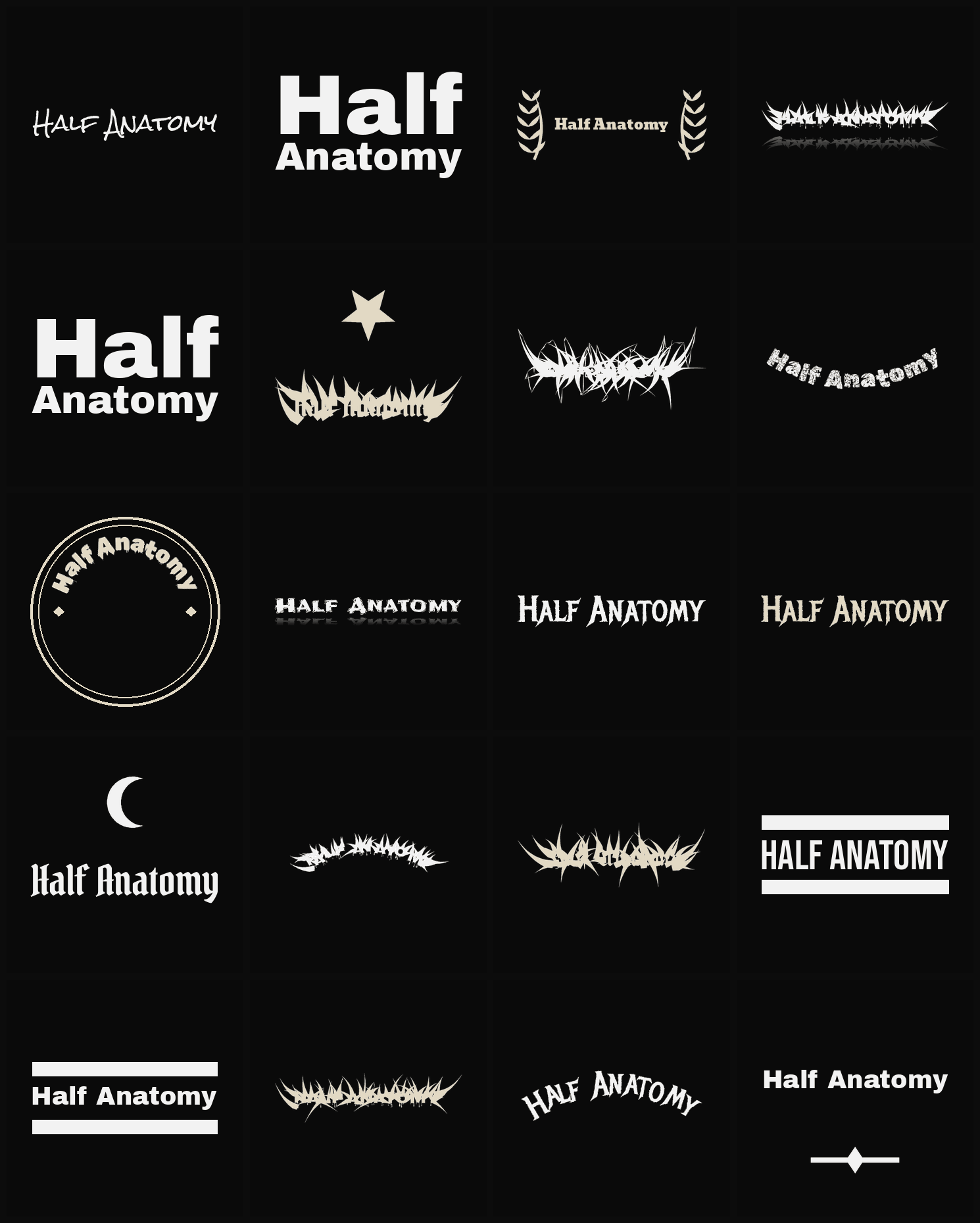 Twenty Half Anatomy band logo ideas — different faces, treatments and spike settings