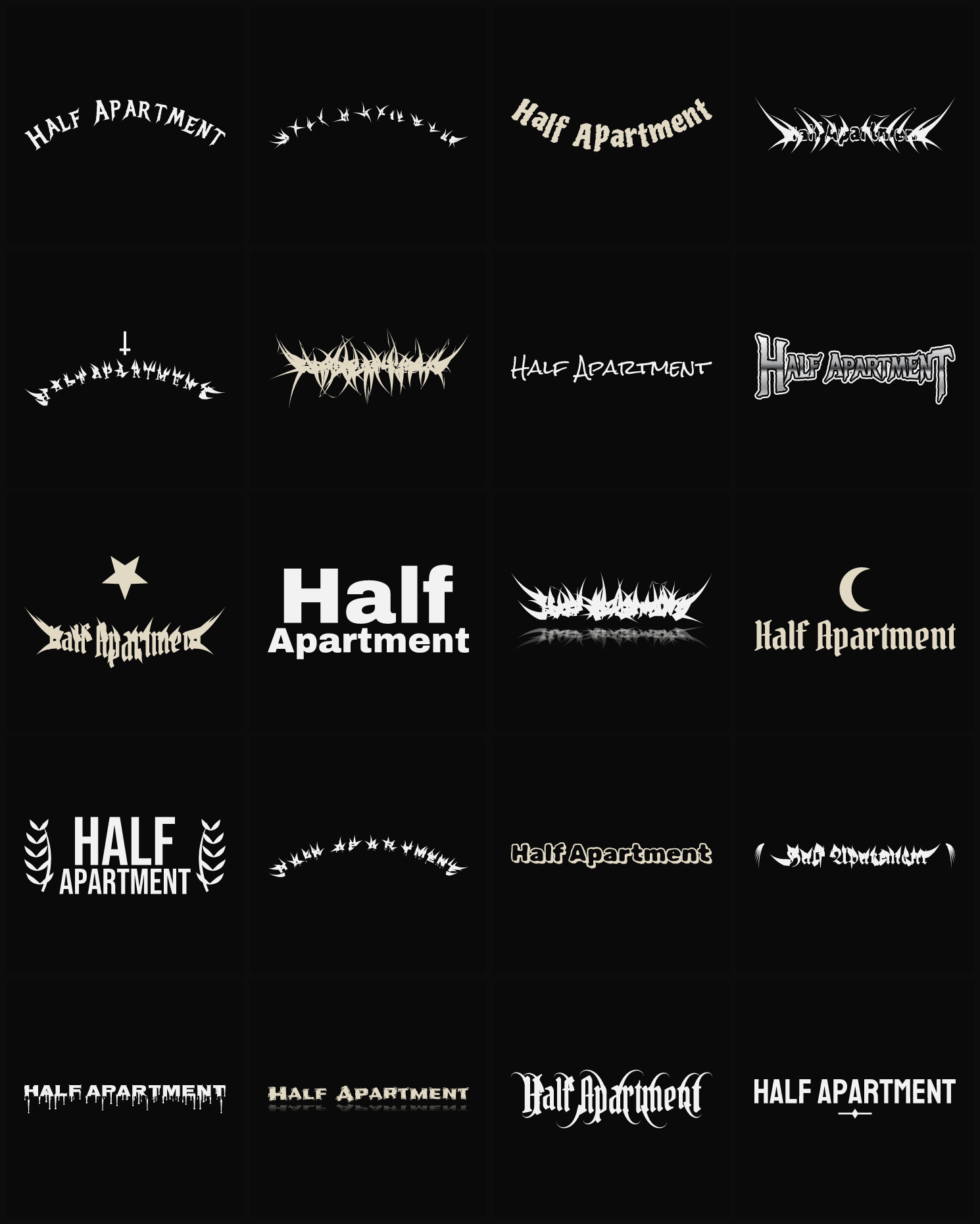 Twenty Half Apartment band logo ideas — different faces, treatments and spike settings