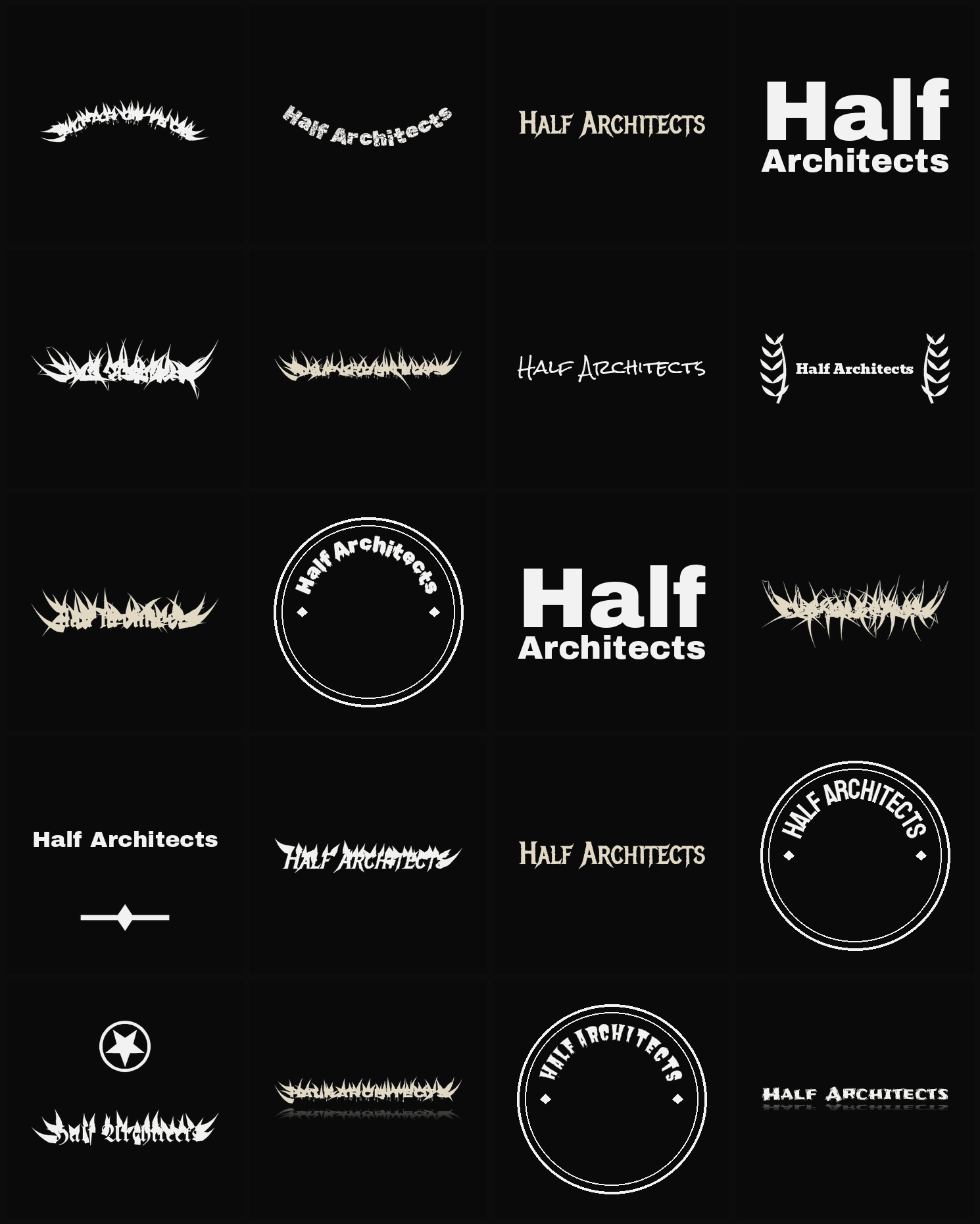 Twenty Half Architects band logo ideas — different faces, treatments and spike settings