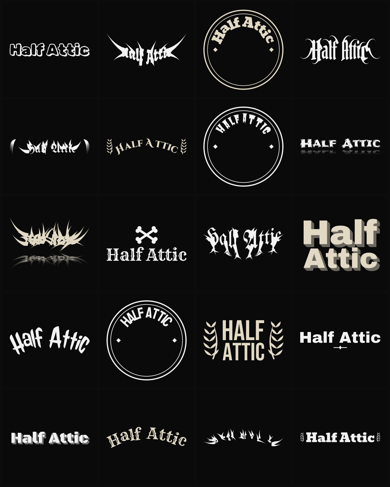 Twenty Half Attic band logo ideas — different faces, treatments and spike settings