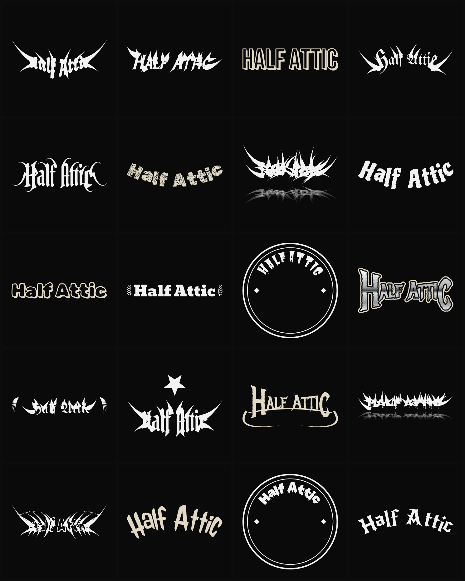 Twenty Half Attic band logo ideas — different faces, treatments and spike settings