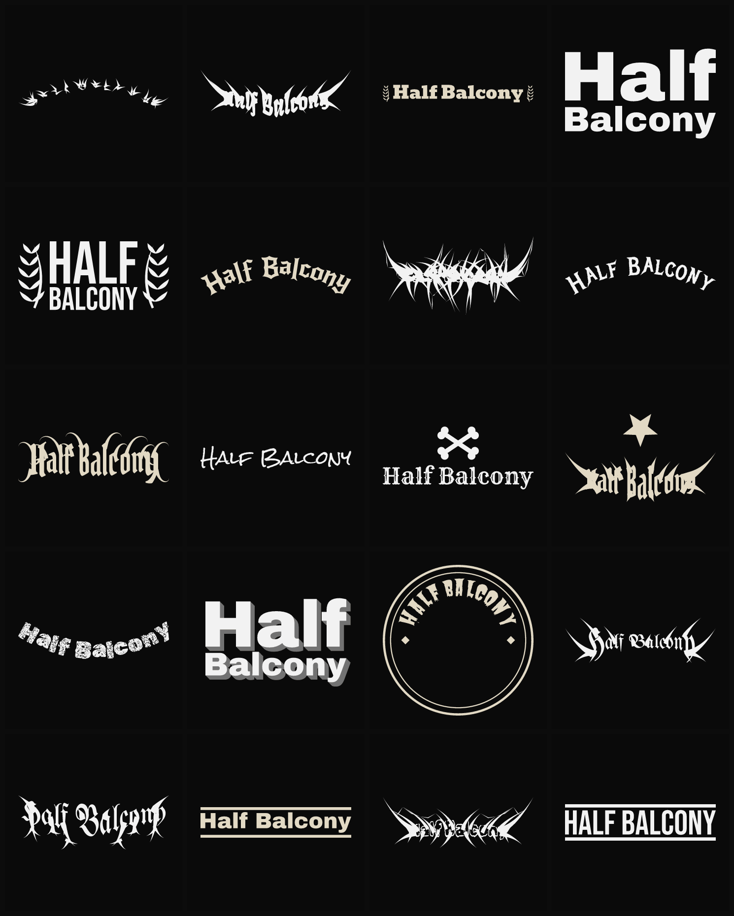 Twenty Half Balcony band logo ideas — different faces, treatments and spike settings