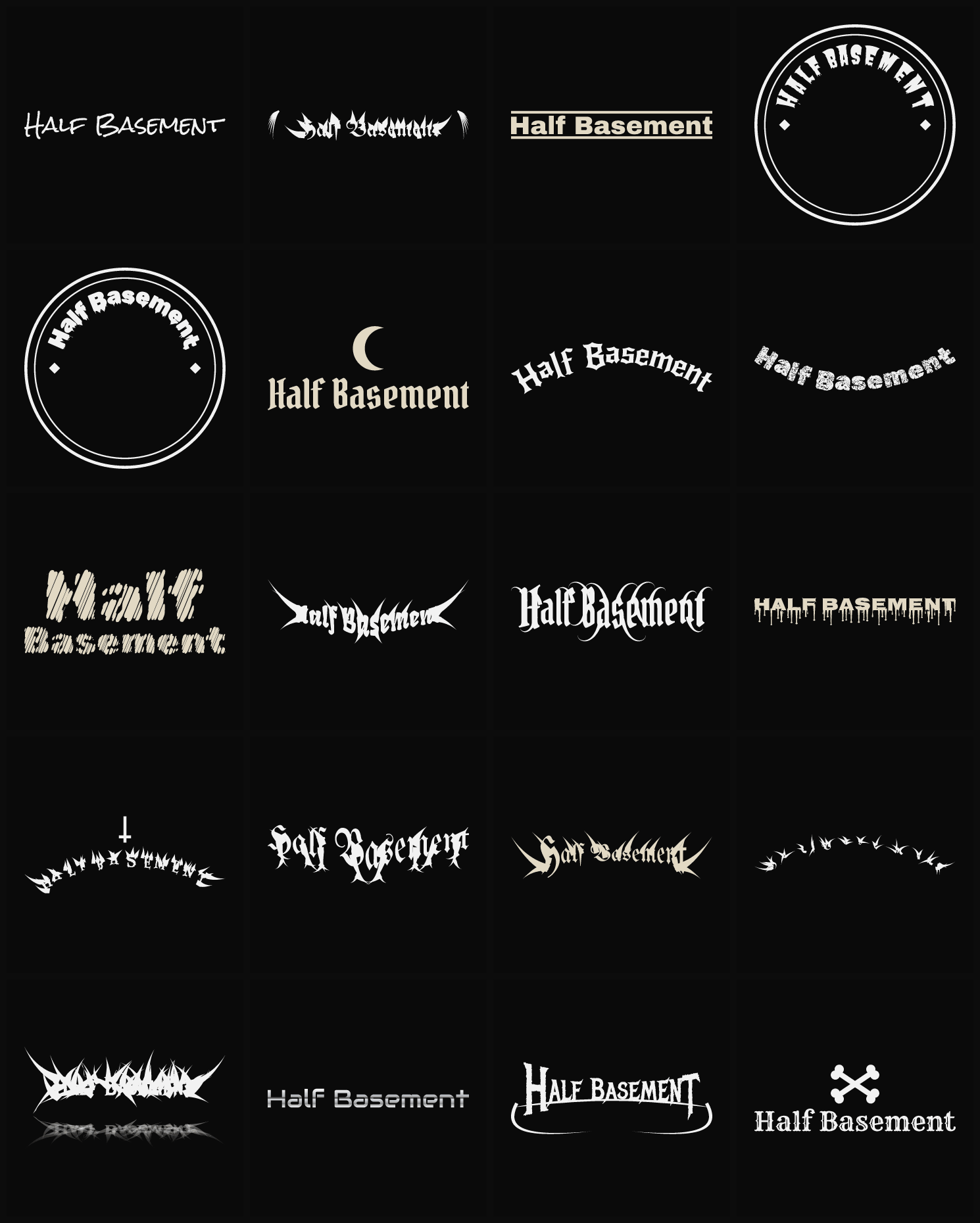 Twenty Half Basement band logo ideas — different faces, treatments and spike settings