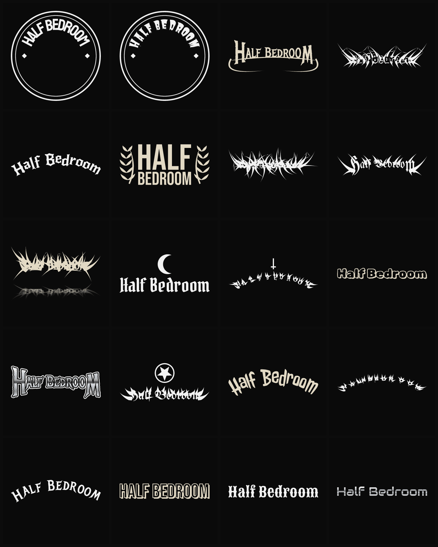 Twenty Half Bedroom band logo ideas — different faces, treatments and spike settings