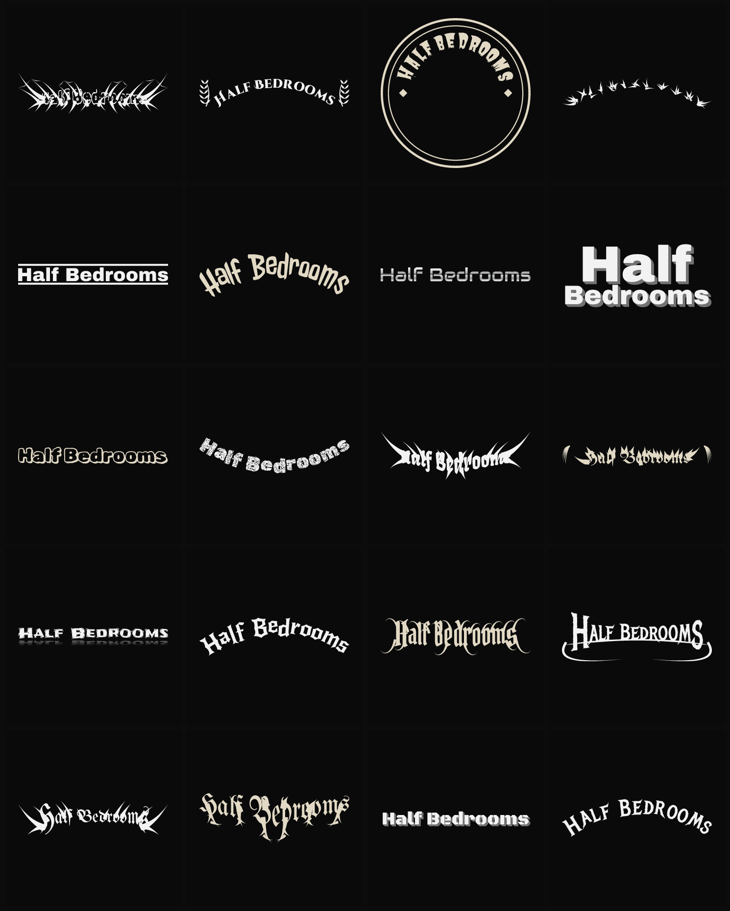 Twenty Half Bedrooms band logo ideas — different faces, treatments and spike settings