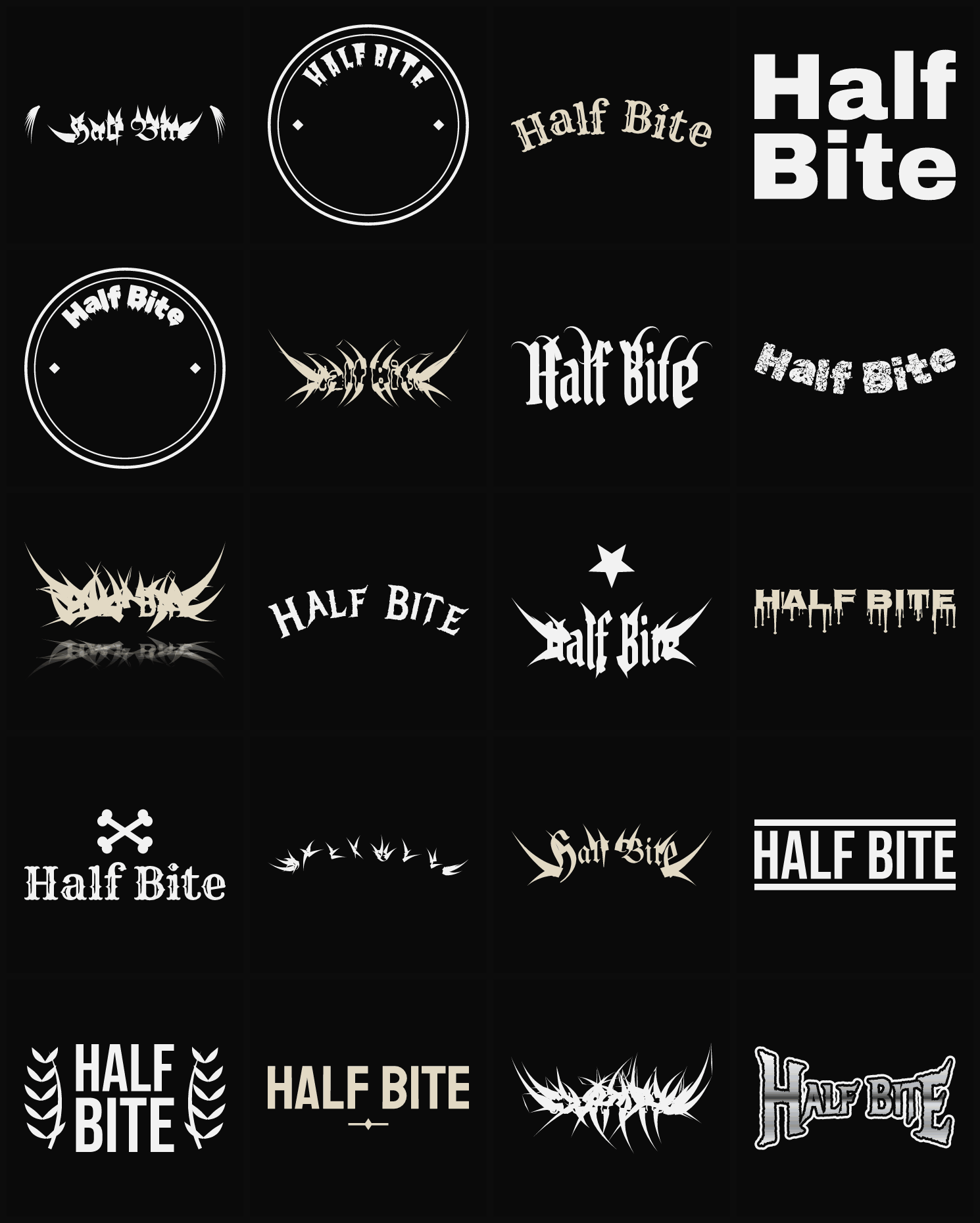 Twenty Half Bite band logo ideas — different faces, treatments and spike settings