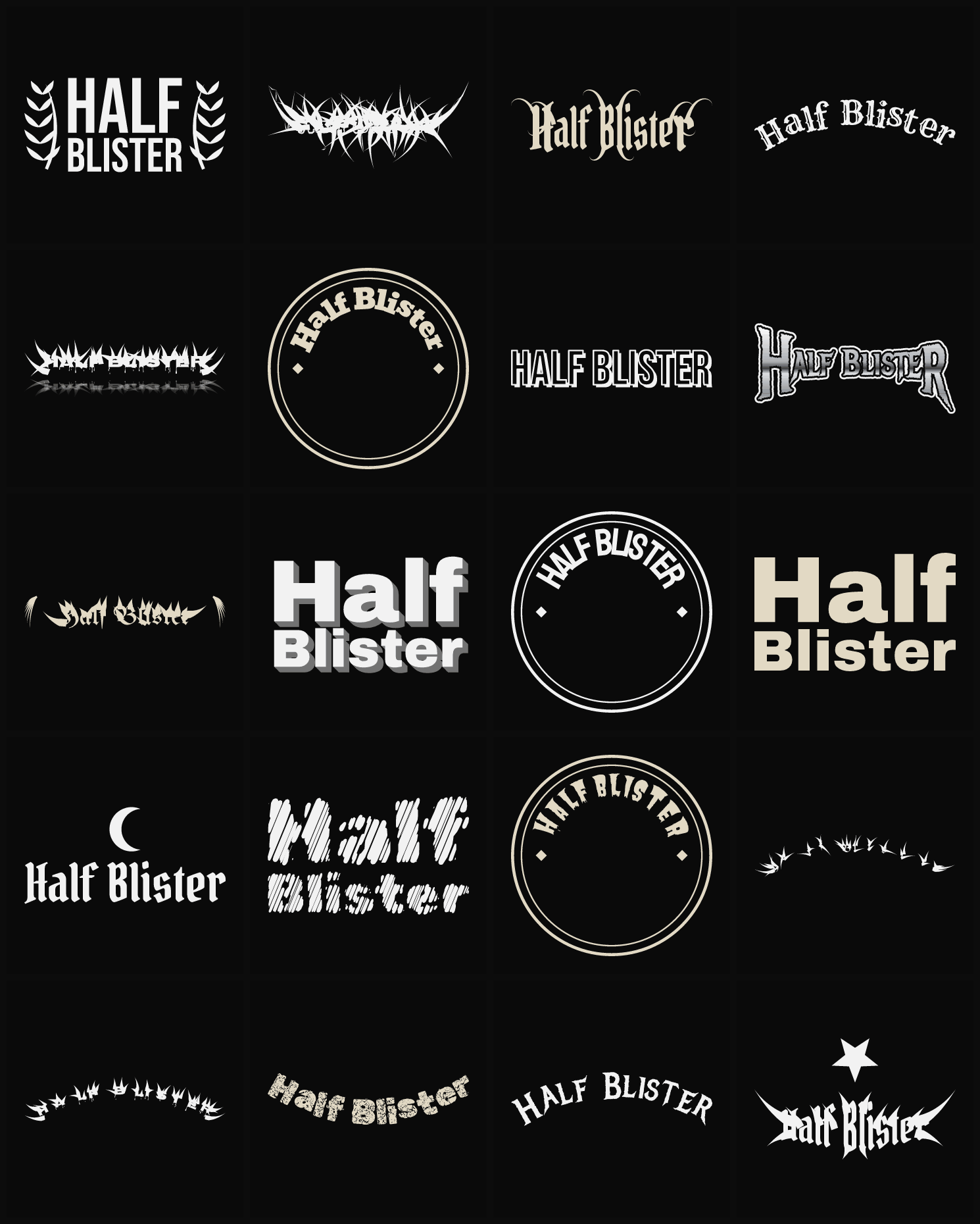 Twenty Half Blister band logo ideas — different faces, treatments and spike settings